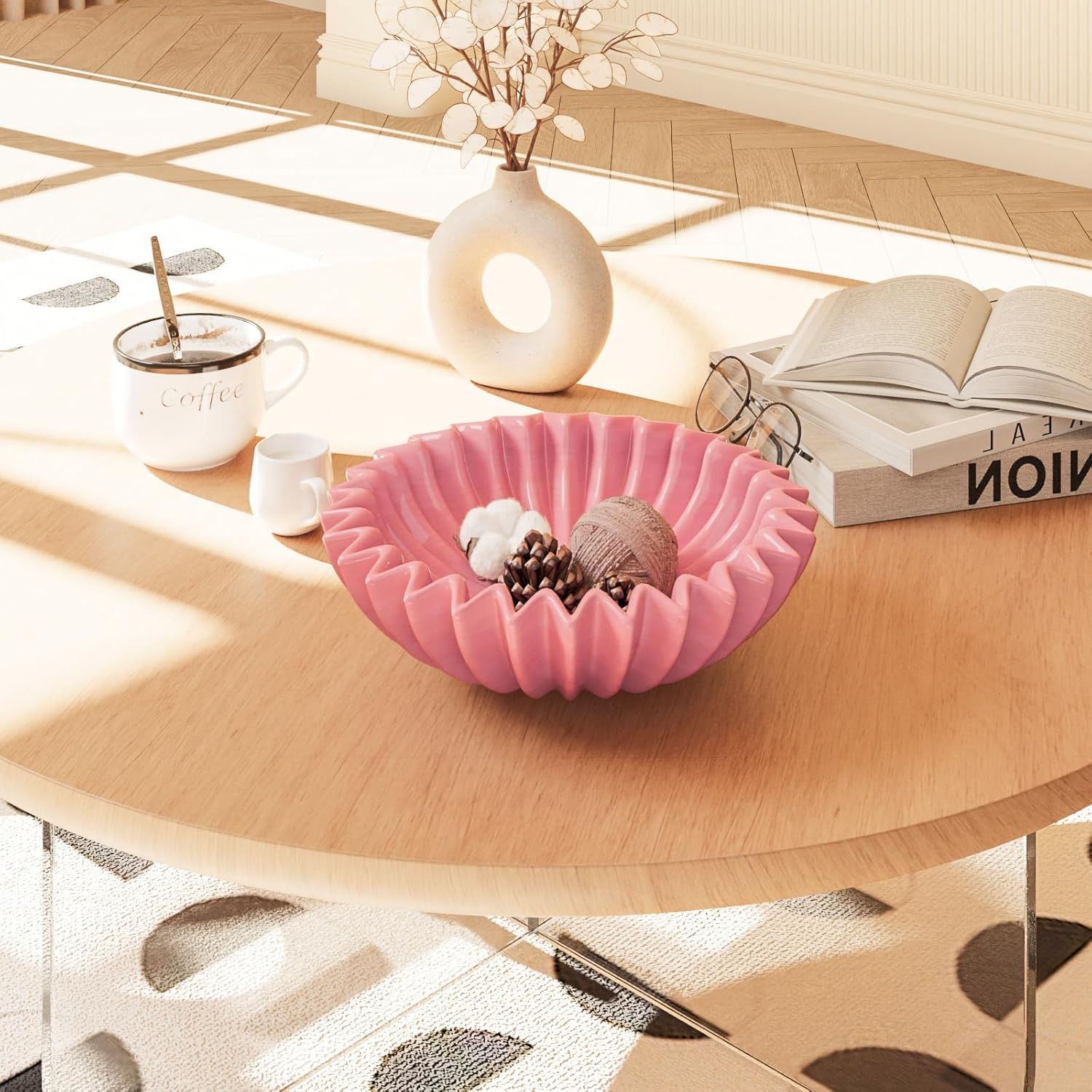 Large Ceramic Fruit Bowl Pink Decorative Bowl for Coffee Table Entryway Kitchen Modern Home Decor Centerpiece 9.5 Inches Ruffle Fluted Scalloped Bowl