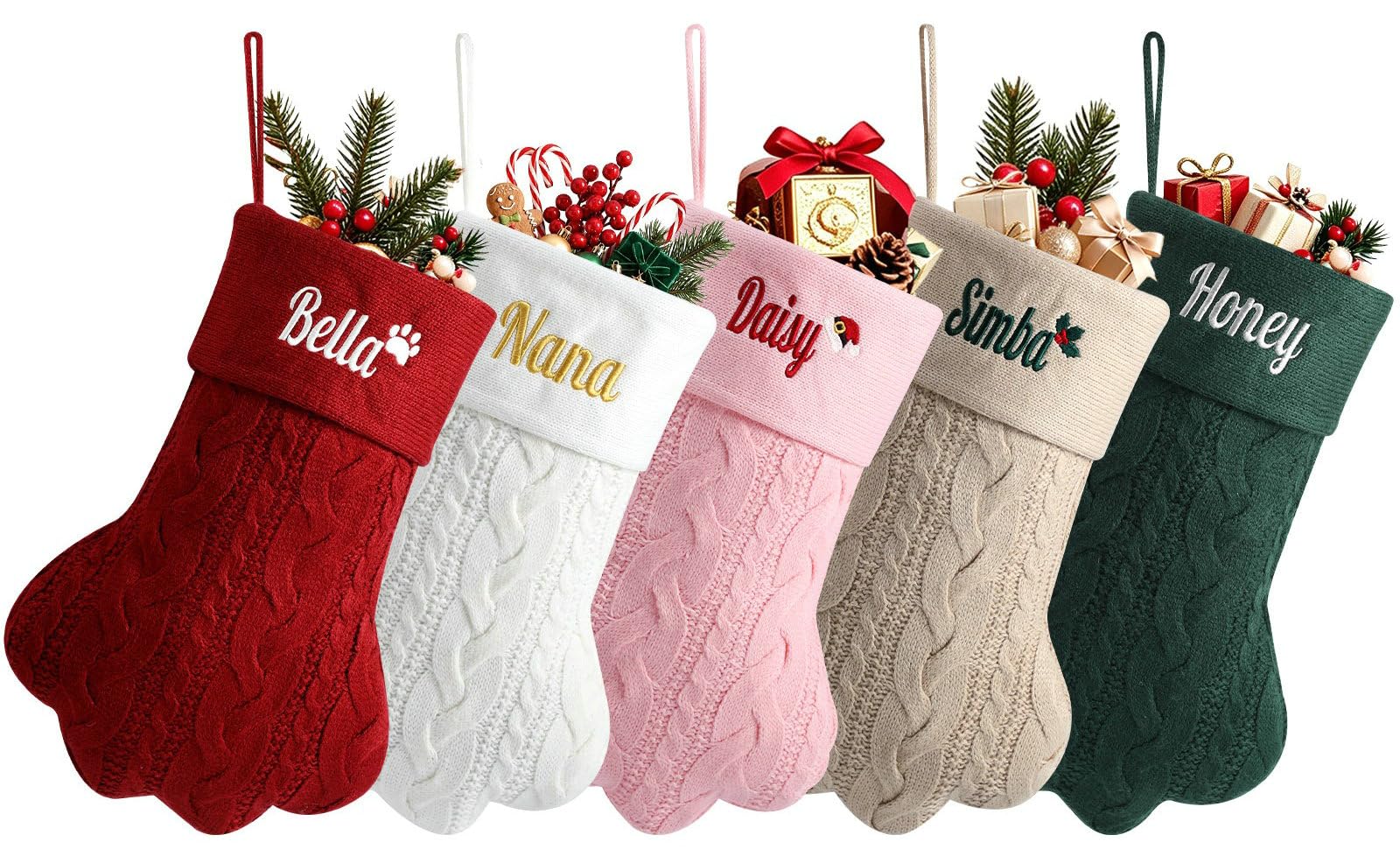 Personalised Dog Christmas Stockings with Name, 15.35" Custom Pet Paw Cable Knit Embroidered Stocking with Icon, Rustic Holiday Hanging Stocking for Fireplace Mantel Decor, Gifts for Dogs & Cats 8PCS