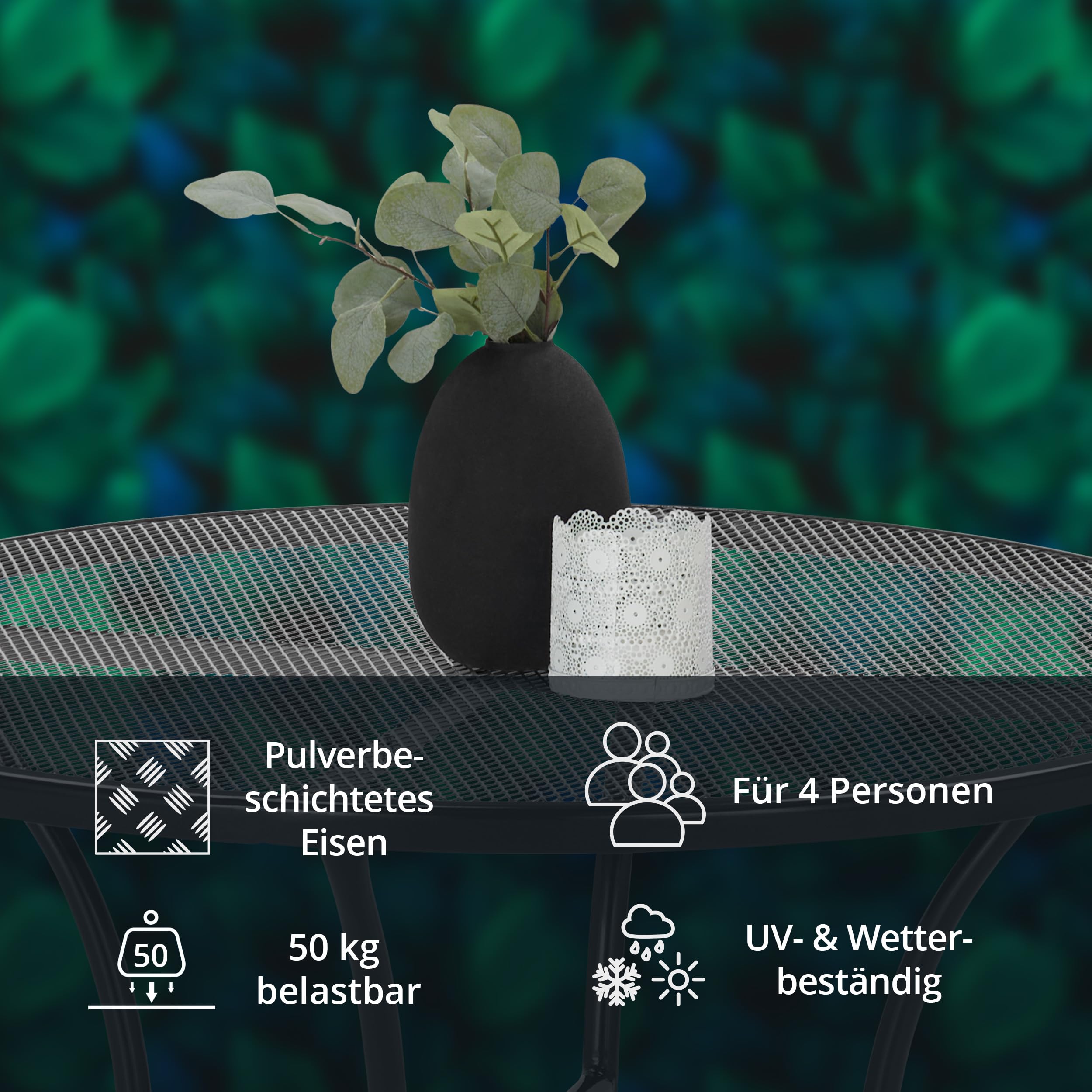 KHG Gartentisch Anthrazit, wetterfestes Eisen-Gestell, für 2 Personen, runder Balkontisch, Outdoor 71x90x90 cm, 50 kg belastbar