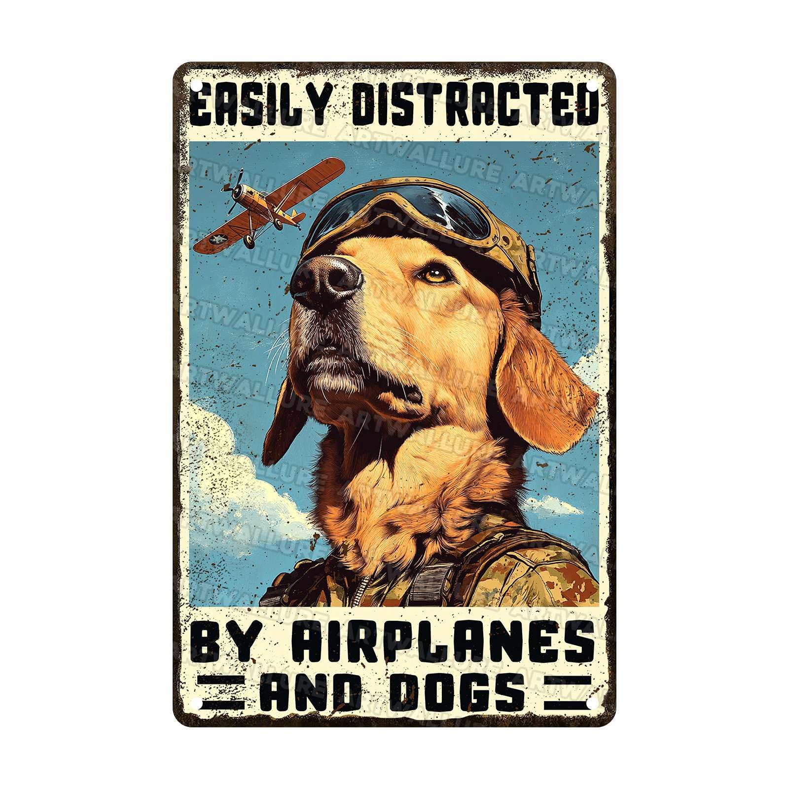 Funny Vintage Pilot Metal Sign Easily Distracted By Airplanes And Dog Metal Poster Home Kitchen Garden Garage Coffee Bathroom Man Cave Aluminium Sign Art Wall Decor 8x12Inch