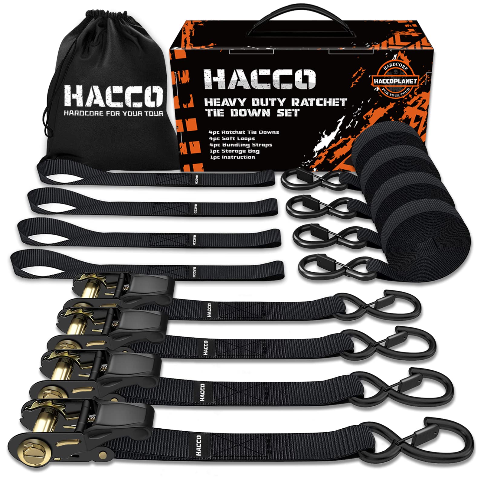Photo 1 of Haccoplanet Ratchet Tie Down Straps, 2340lb Break Strength, 4pc 1inch x 16FT Tie Down Strap Set with Padded Handles & Coated S Hook W/Safety Clip, Cargo Strap Tie Down for Motorcycle, Truck (Black)