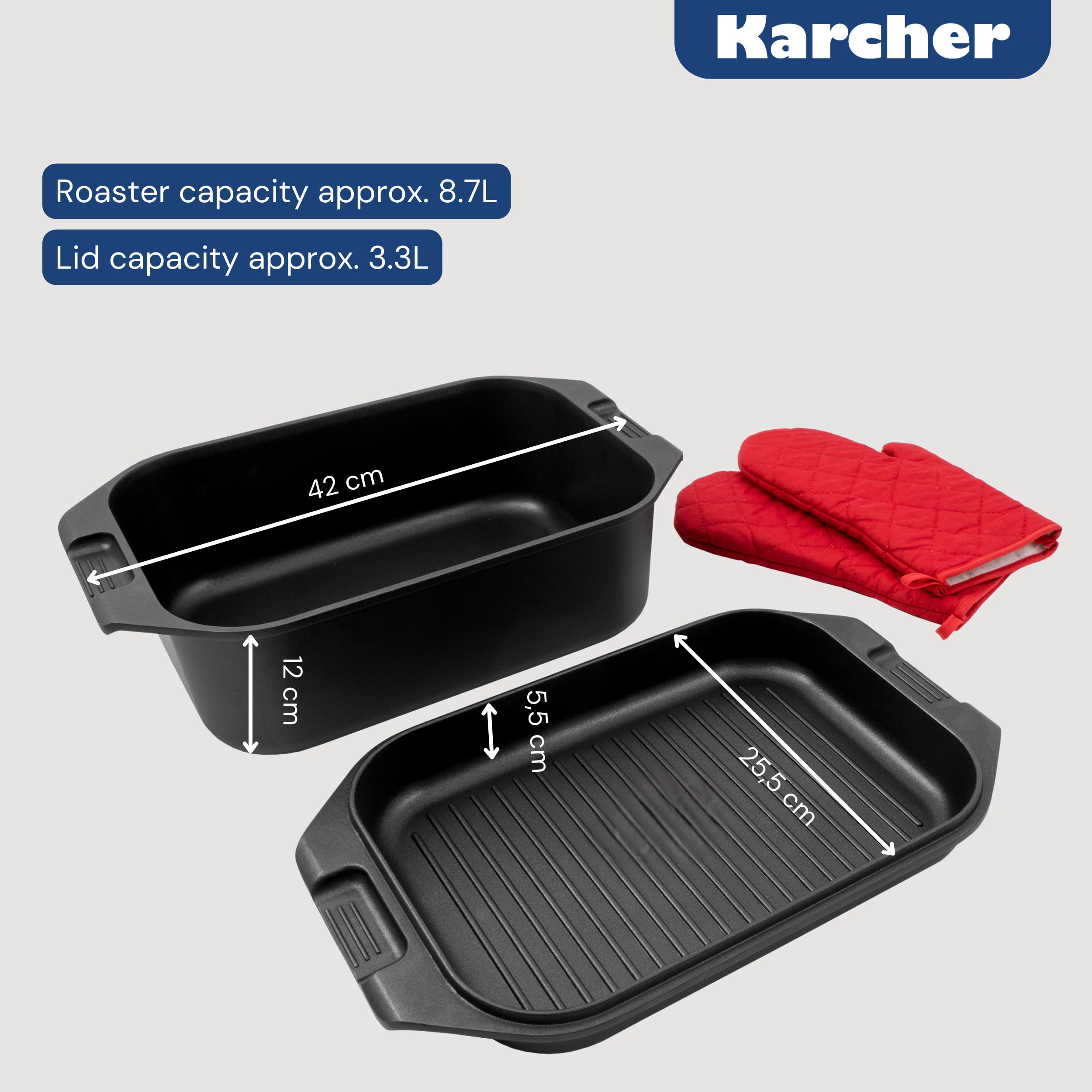 Karcher 121749 Rostiera in alluminio pressofuso 2in1 (8,7 litri, incl. coperchio e guanti da cucina, 41,5 x 25,5 cm) nera