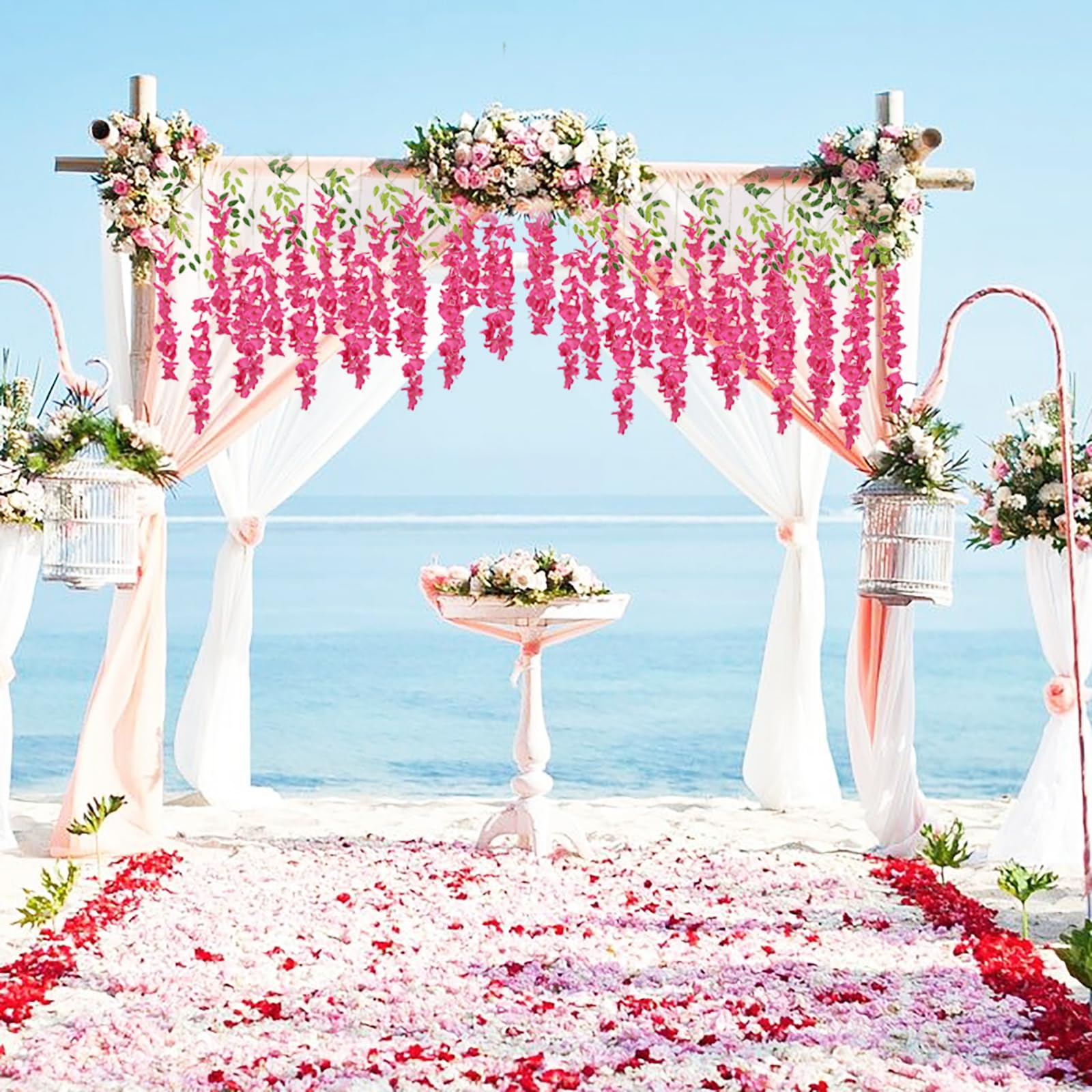 Glycines Artificielles INSUNSIX - Lot De 12 - Rose Rouge - 1,1m - Soie Et Rotin