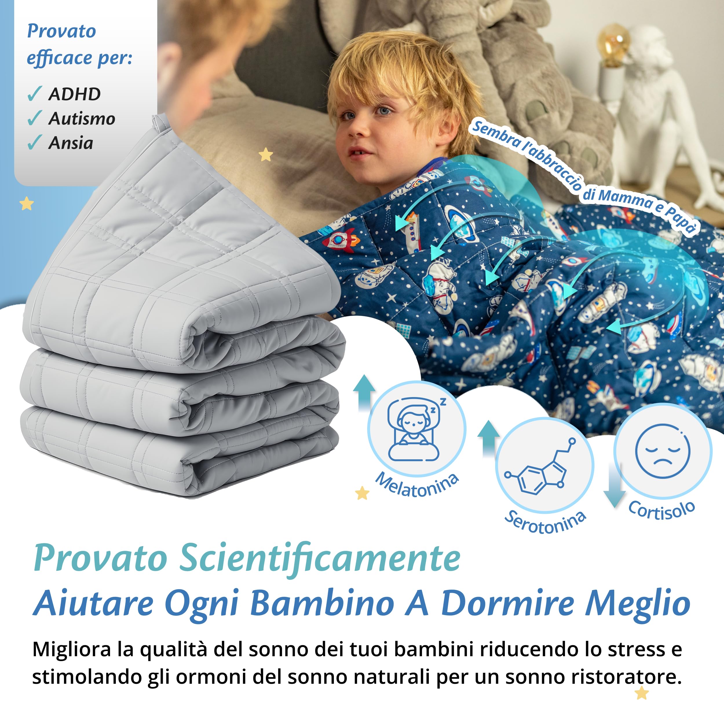 Ella Gewichtsdeken voor kinderen, 4,5 kg, 100 x 170 cm, therapiedeken, voor stressvermindering en angst, hypoallergene glazen kralen, zachte en verkoelende katoenen buitenlaag, voor kinderen van 40-60
