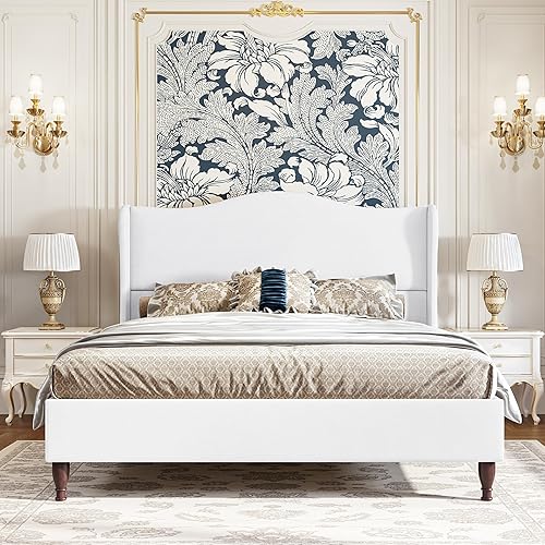 Miniatura 11 de koorlian Marco de Cama Tamaño Queen Cama Plataforma Tapizada con Cabecera Alta de 51" con Respaldo Alado, Tela Suave, Cama Plataforma de Estilo