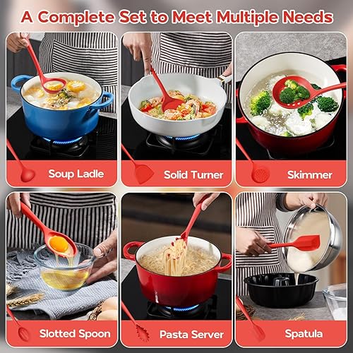 Miniatura 6 de Onader Juego de utensilios de cocina de silicona, juego de 6 utensilios de cocina rojos, resistente al calor, utensilios de cocina antiadherentes y