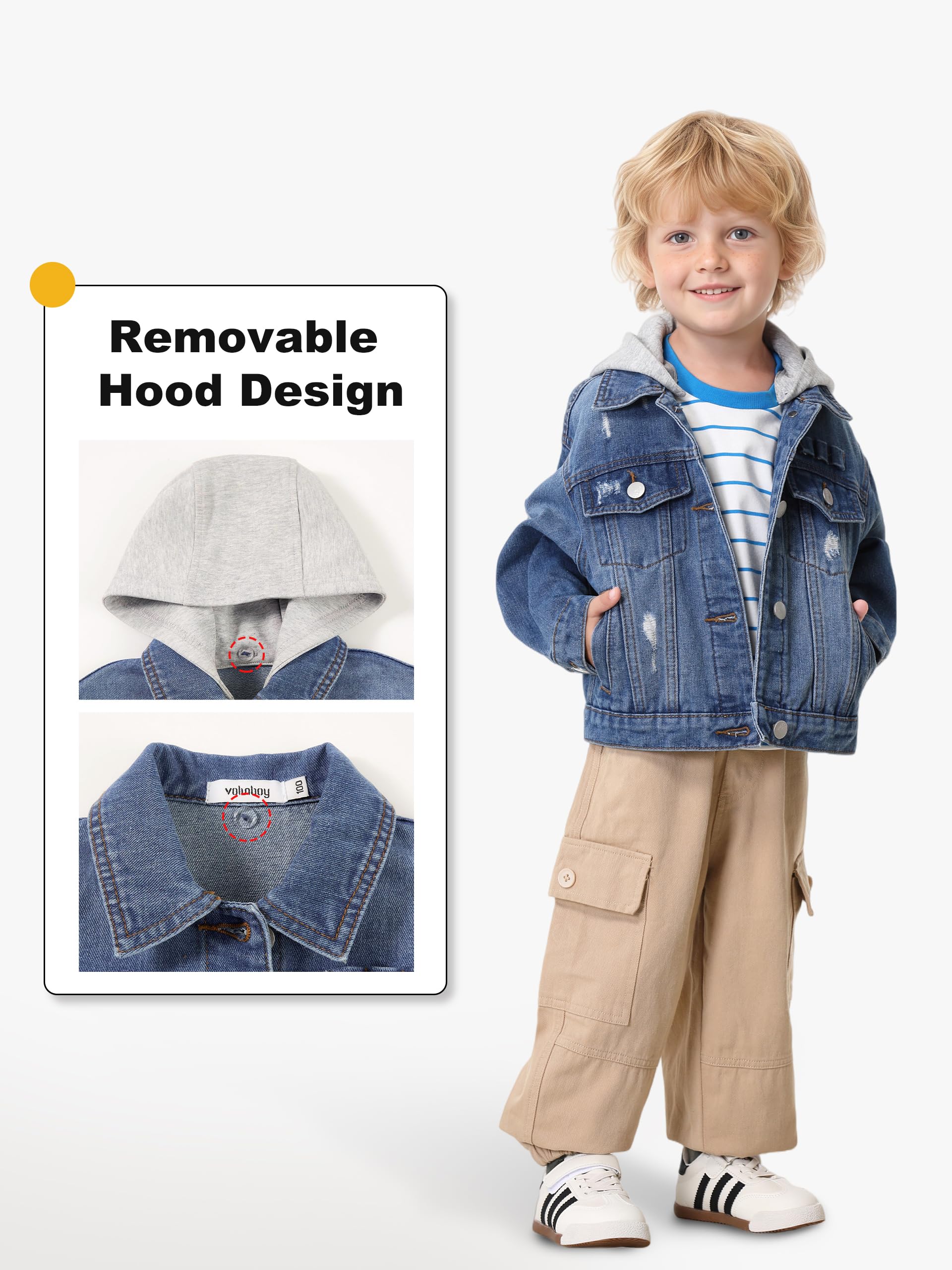 Volunboy Giacca Jeans per Bambini con Cappuccio Amovibile - Blu Giubbotto Primavera Autunno 2-8 Anni