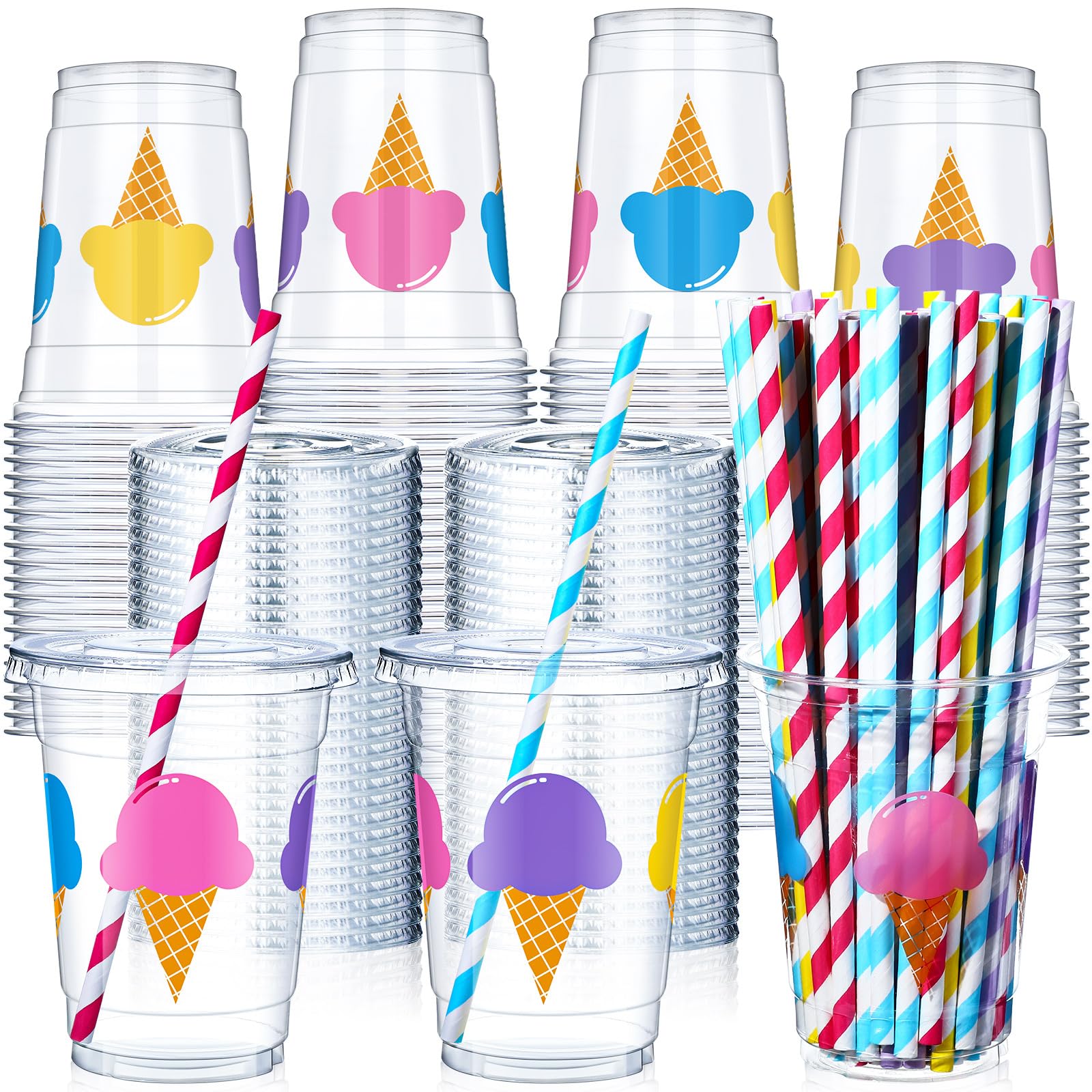 Blushtier 300 Pcs Disposable Plastic Cups with Lids and Straws - 12oz Ice Cream Party Favors - Clear Cold Drinking Cups - Birthday Drinkware Set