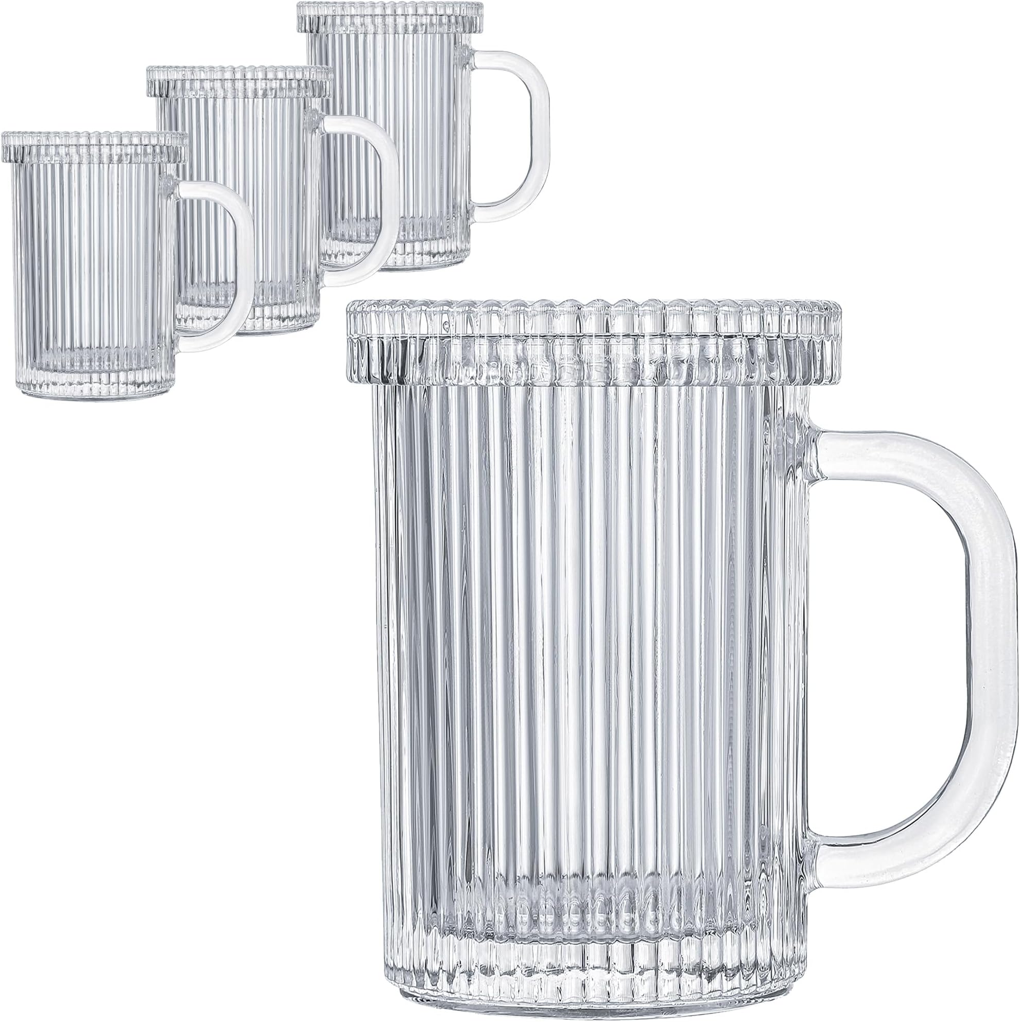 LysennGlass Coffee Mugs Set of 4 - Classic Vertical Stripe Tea Mug - Elegant Coffee Cup with Glass Lid for Latte, Espresso - Lovely Gift for Christmas, Anniversary and Birthday - 11 oz Clear
