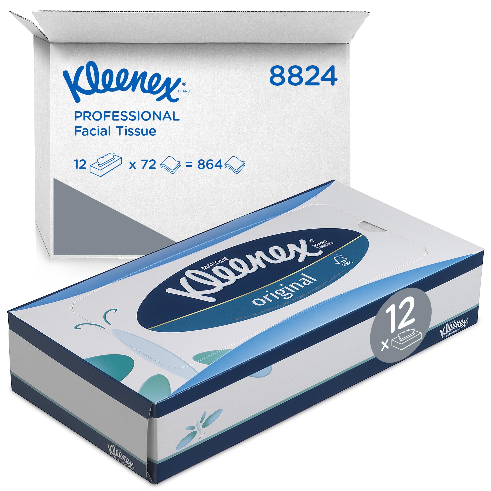 Kleenex Caja de Pañuelos 8824, 3 Capas, Suaves y Resistentes, Sin Fragancia, 12 Cajas x 72 Hojas (864 total)