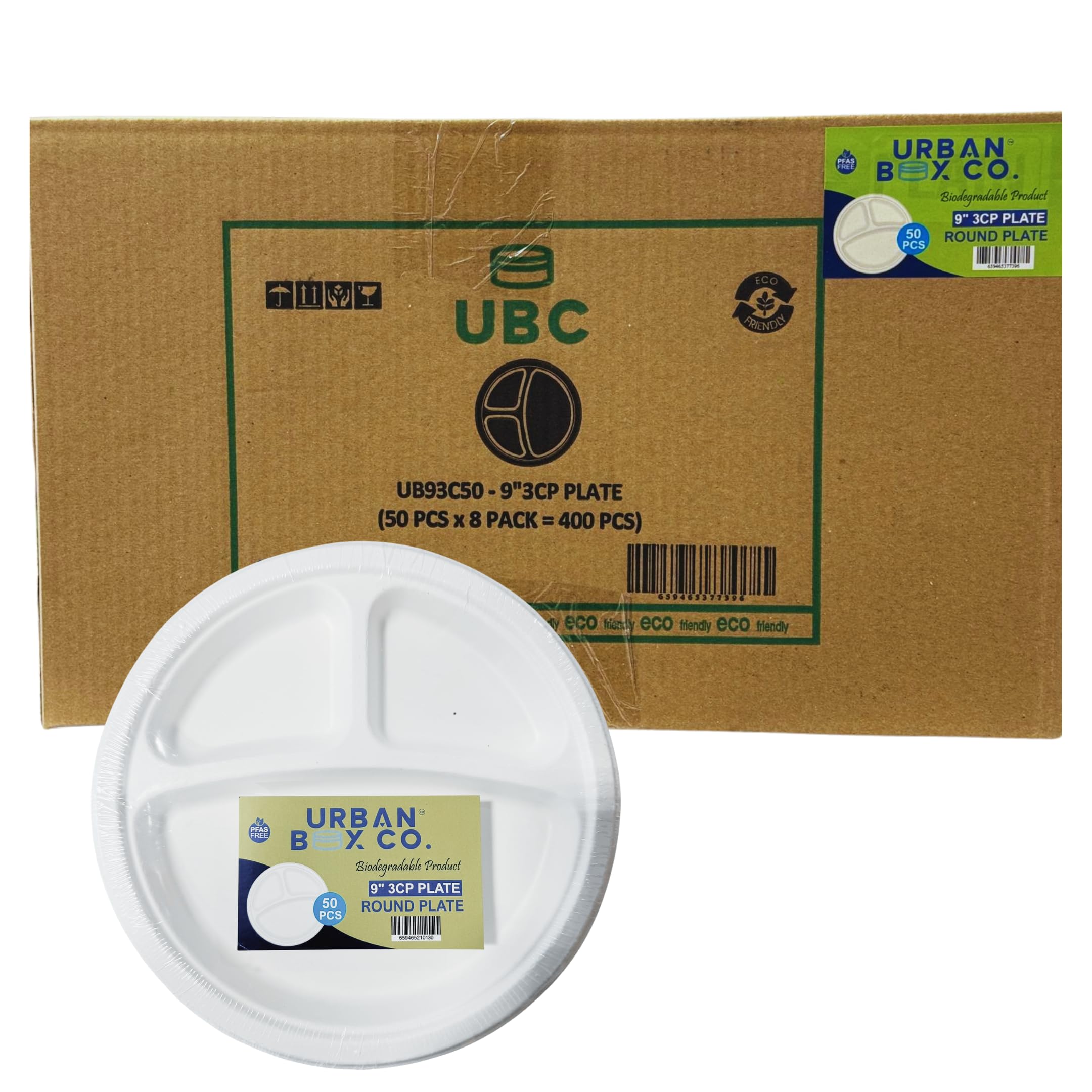 100% Compostable 9-Inch 3-Compartment Paper Plates, 50-Pack – Heavy-Duty, Natural Bagasse Sugarcane, Eco-Friendly Disposable & Biodegradable Dinnerware