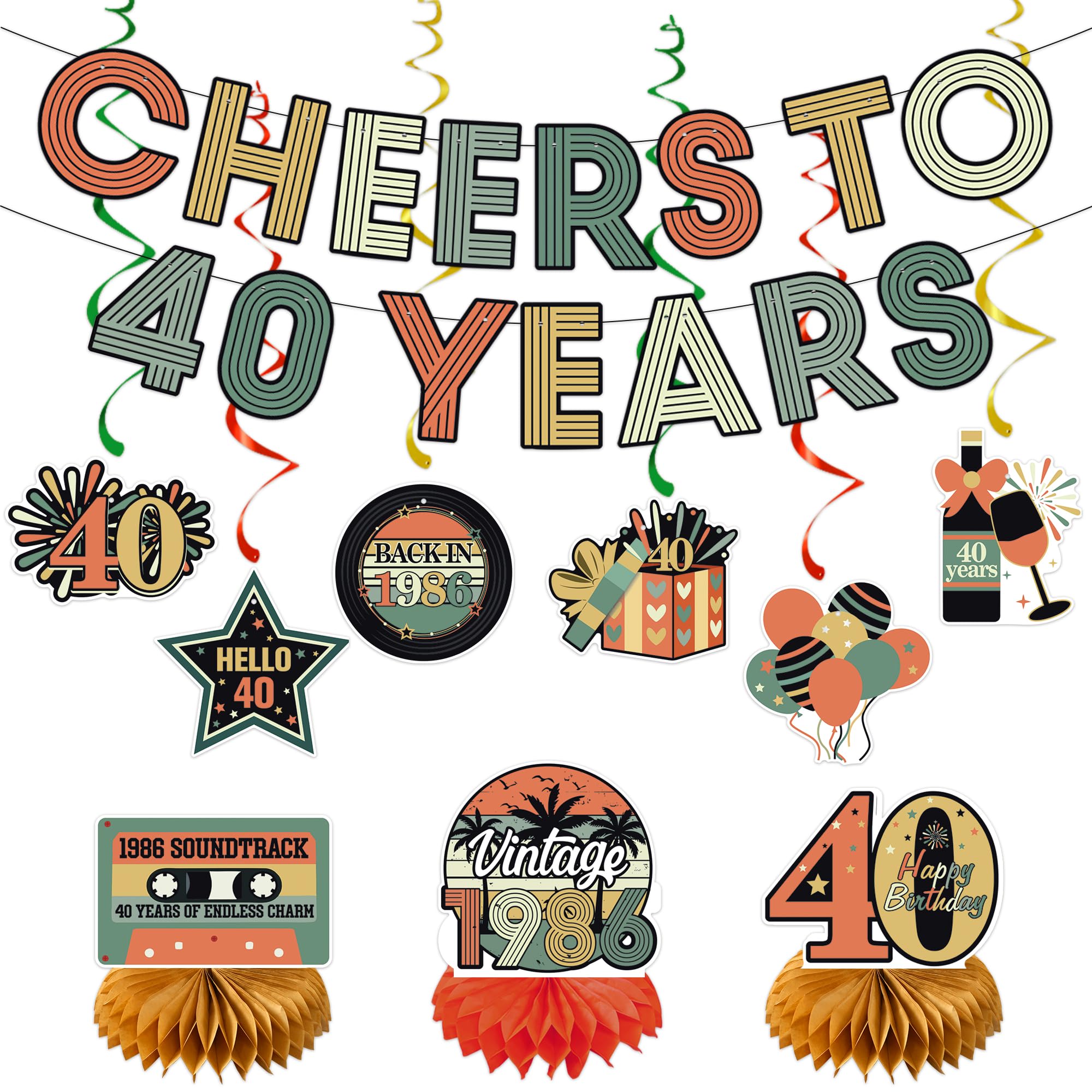 Roetyce 40th Birthday Decorations Women Men, Cheers To 40 Years Banner Centerpieces Hanging Swirls, 40th Birthday Party Supplies for Dad Mom, Vintage 1986 40 Years Old Party Photo Backdrop Background