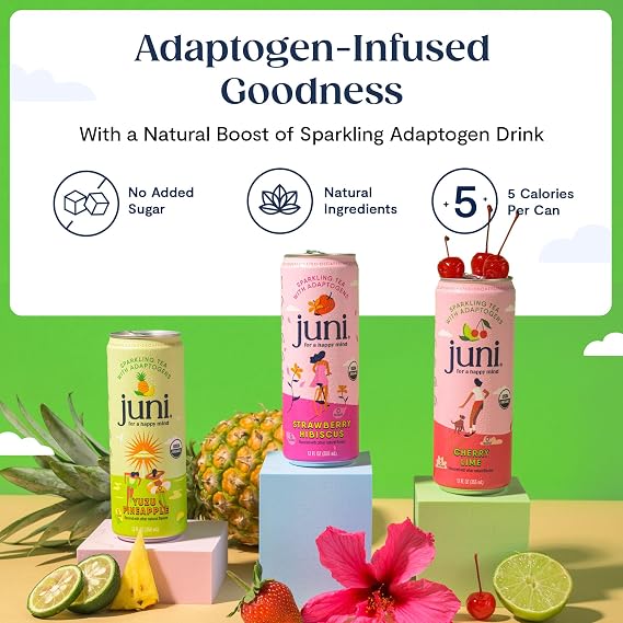 Juni Sparkling Adaptogen Drink with Ashwagandha, Lions Mane & Reishi Mushrooms | Green Tea for Focus, Zero Sugar, 5 Calories | Decaffeinated, Non Alcoholic Drinks Variety Pack (12 Pack)