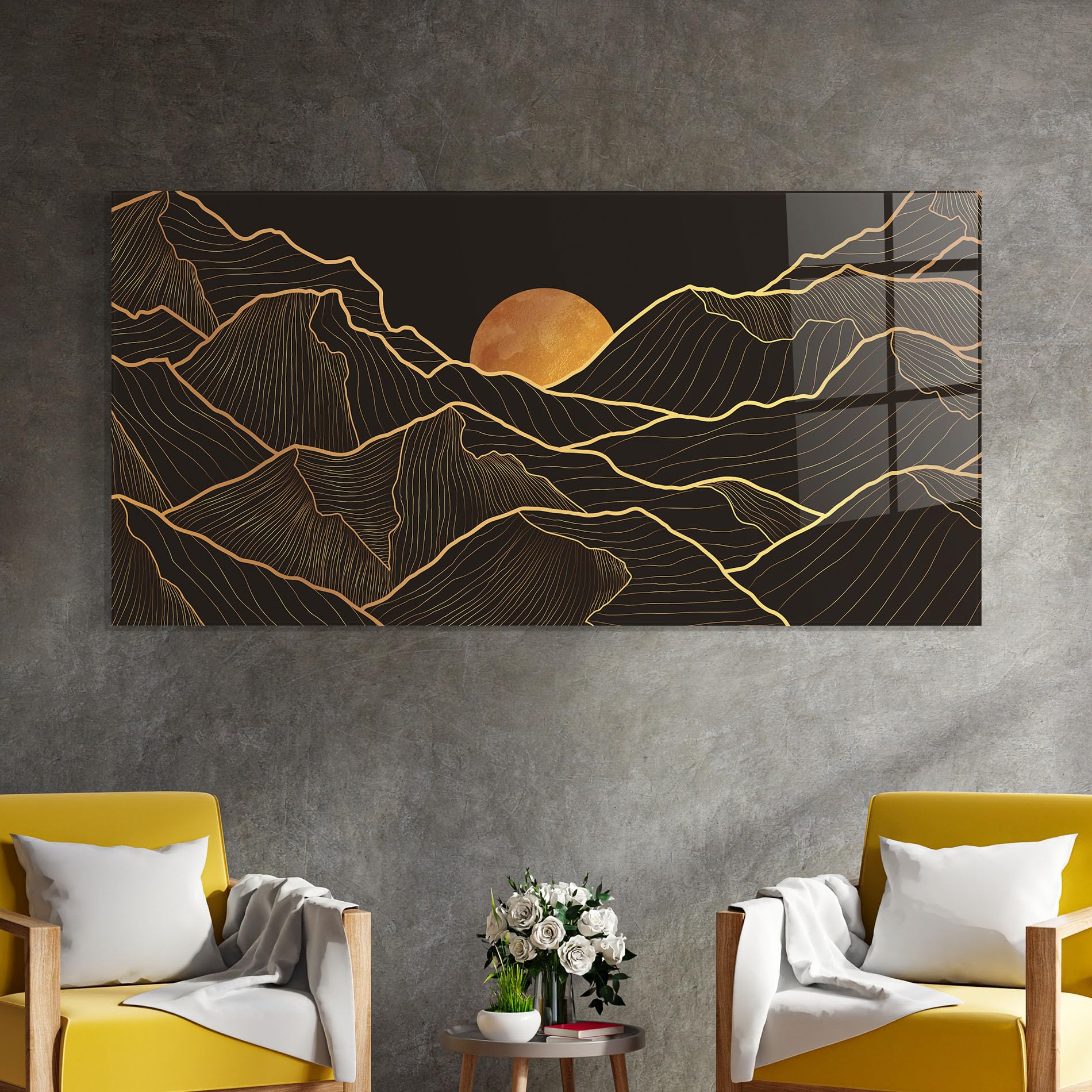 ARTHUB® Moderne impression sur verre 60x150 cm, 4mm verre trempé | Tableau en verre salon et chambre, Décoration murale moderne, Décoration intérieure, paysages, Black Gold Mountains