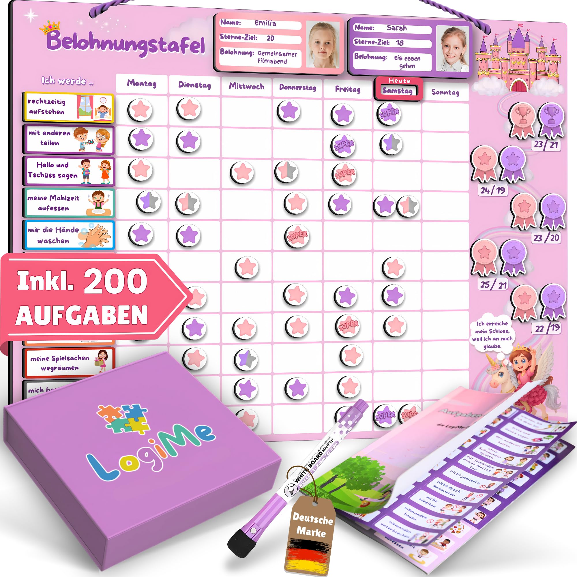LOGIME 𝐋𝐨𝐠𝐢𝐌𝐞® Belohnungstafel für Kinder inkl. 200 AUFGABEN - XL Aufgabenplaner magnetisch- Montessori Belohnungssystem Wochenplaner ab 3 4 5 6 7 8 Jahre magnetische