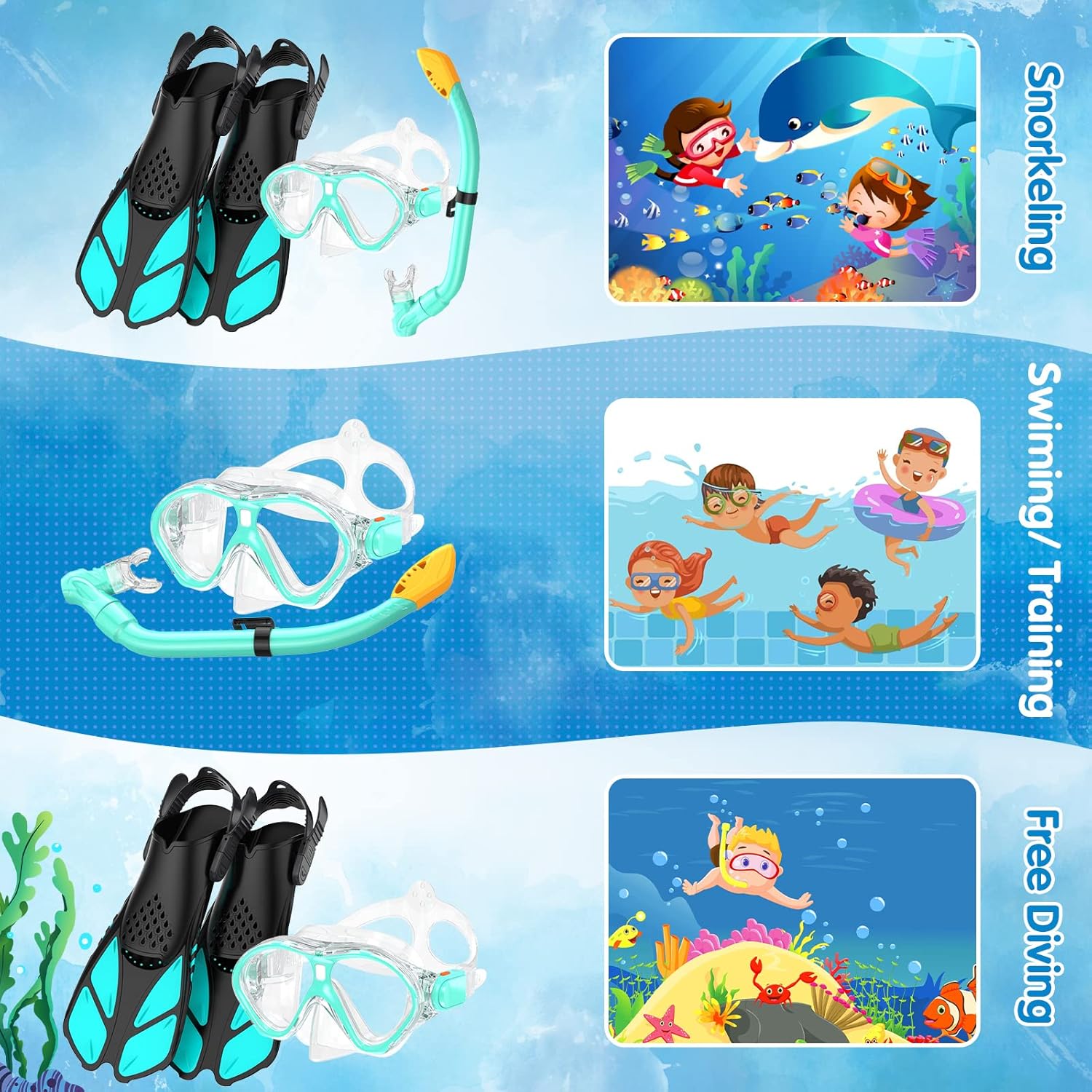 Kids Snorkel Set, Mask Fins Snorkeling Gear for Kids Anti-Fog Swim Goggles 180 Panoramic View Dry Top Snorkel and Dive Flippers Combo with Travel Bag for Snorkeling Training Swimming Diving - Image 7
