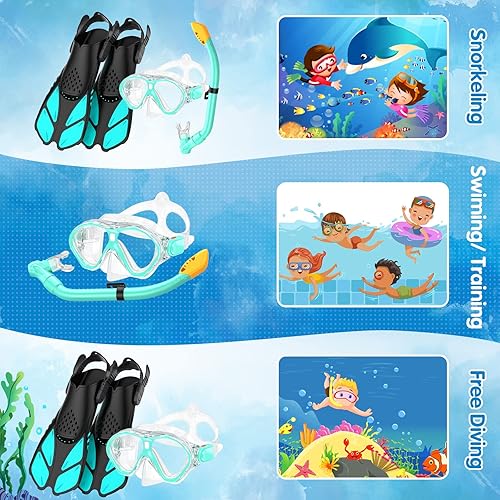 Miniatura 7 de Seovediary Juego de esnórquel para niños, máscara, aletas, equipo de esnórquel para niños, gafas de natación antiniebla con vista panorámica de 180