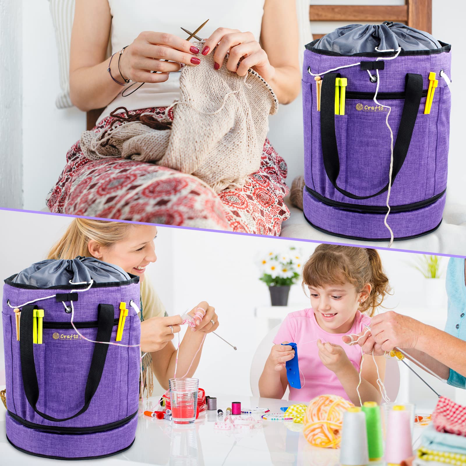 MYBAGZING Torba do robienia na drutach, duży organizer do przechowywania przędzy, torby i torby na szydełkowanie, etui na przędzę do robienia na drutach, haczyki do szydełkowania (fioletowy-Ⅱ)