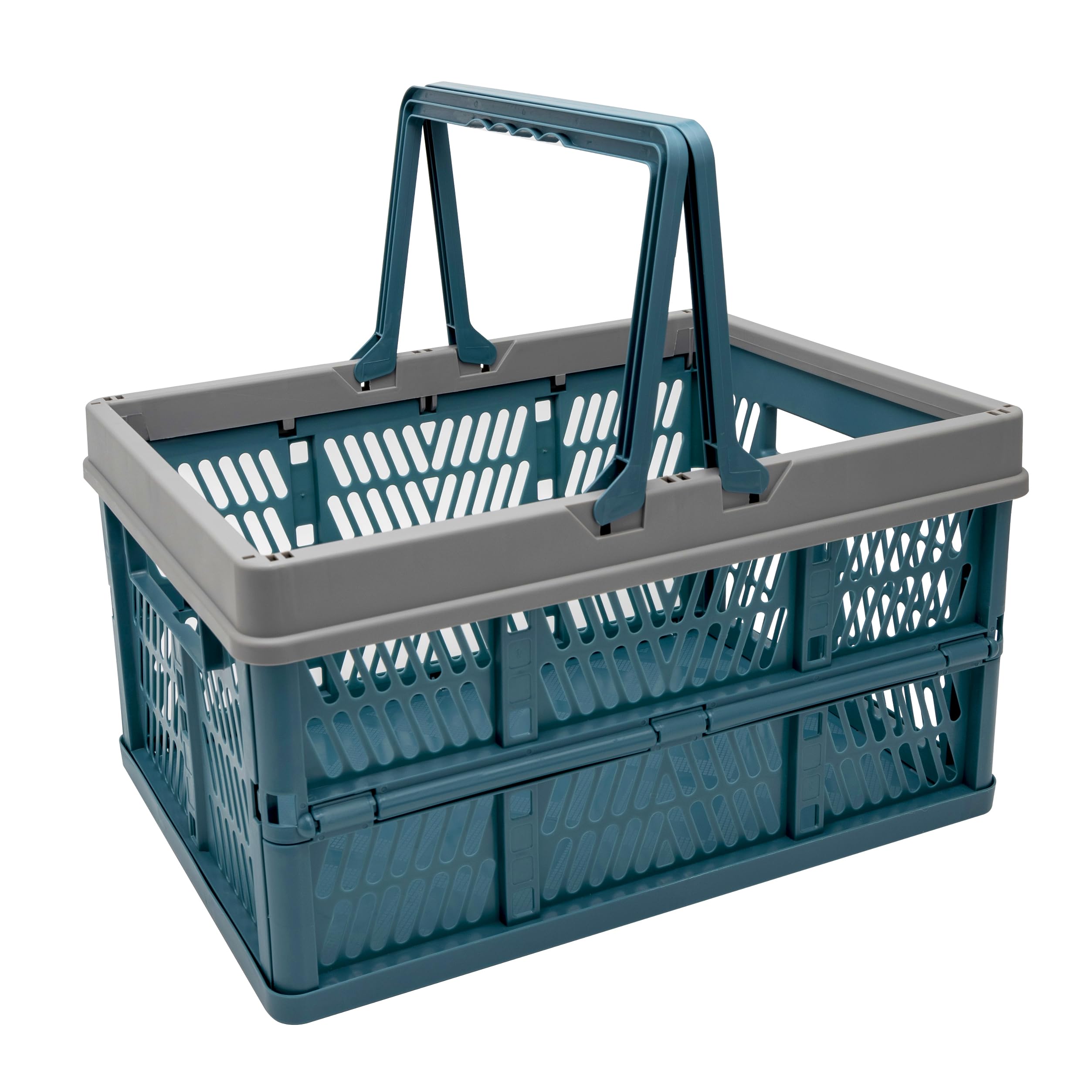 VALESKA 17" Plastic Milk Crate (Deepblue),33L Collapsible Crates for Storage, Foldable Collapsible Shopping Basket with Handles,Car Trunk Basket,for Kitchen