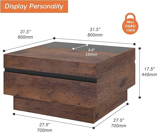 Miniatura 2 de WAMPAT Mesa de centro moderna, mesa de centro cuadrada para sala de estar con parte superior de vidrio templado y dos grandes cajones de