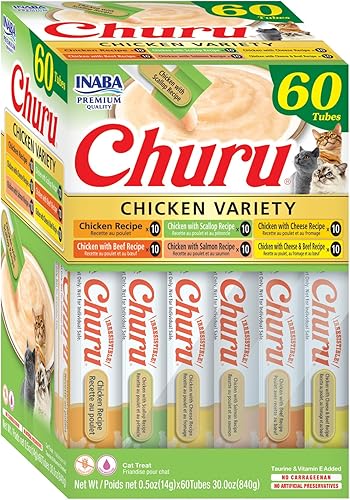 INABA Churu - Golosinas para gatos sin granos lamible exprimible puré cremoso para gatos con vitamina E y taurina 05 onzas cada uno 60 tubos caja de