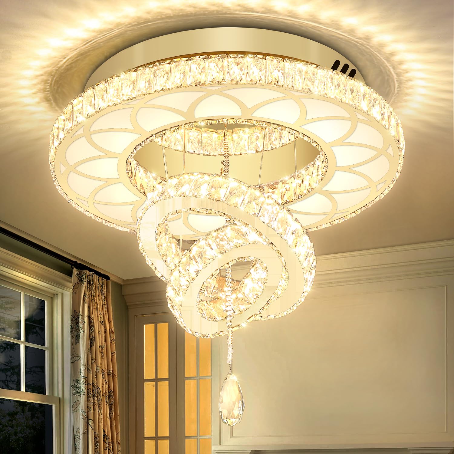 Flashing God 20" Modern Crystal Chandeliers for Living Room Gold Ceiling Chandelier LED Crystal Ceiling Light Flush Mount Chandelier for Bedroom