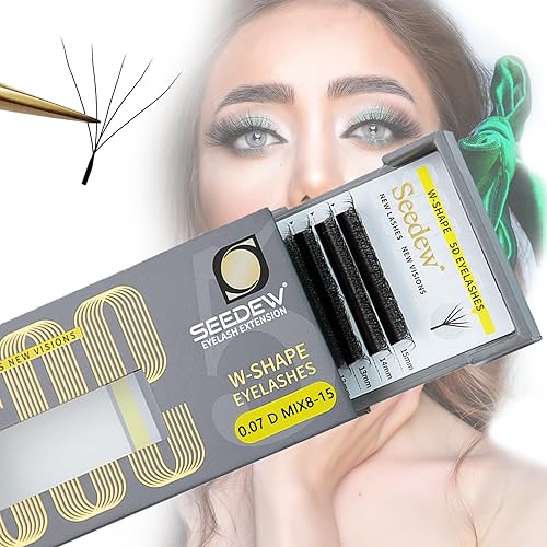 SEEDEW Extensiones de pestañas 5D, rizo D de 0.003 in, MIX8-0.591 in, 12 filas por bandeja, tallo plano en forma de W, injerto de pestañas con
