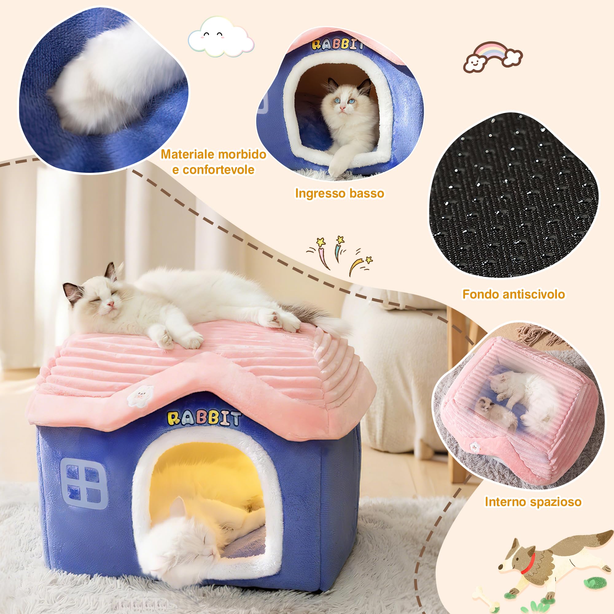 ALLSOPETS Cuccia per Gatti da Interno e Casa Pieghevole per Cani, Cuccia Calda Invernale con Cuscino Rimovibile e Fondo Antiscivolo per Cuccioli e Gattini (Blu, M)