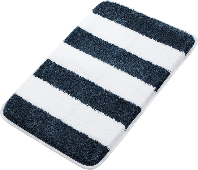 PiccoCasa Non Slip Bath Mat, 50x80 cm Soft & Super Absorbent Bathroom Mat, Microfiber Bath Mats for Inside Bath and Floor, Bathroom Rug Striped Machine Washable (Moroccan Blue & White)