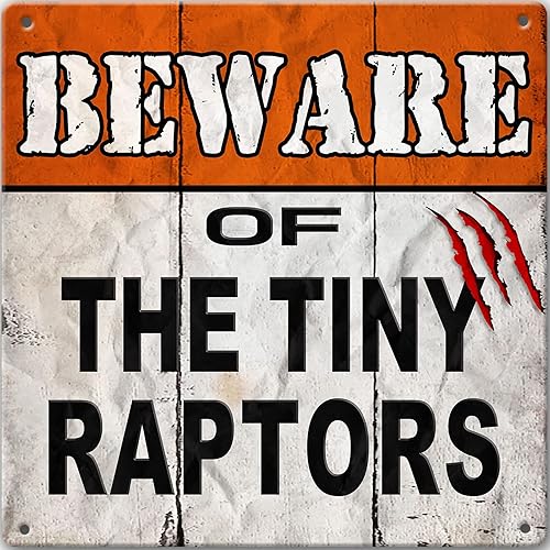 Letreros de metal divertidos para granja de gallineros, letreros de hojalata de pollos con cuidado con pequeños raptores, divertidos letreros de