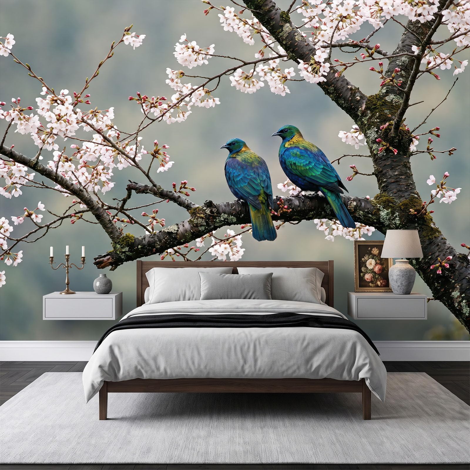 Landschaft Tiere Vögel Kirschblüten panoramiczna tapeta dla chłopców dziewcząt, 350 x 256 cm szary zielony gigantyczny plakat ścienny 3D, dekoracja ścienna premium do salonu, sypialni dorosłych