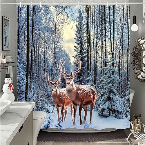 MERCHR Winter Christmas Shower Curtain, Snow Forest Deer Scenery Bathroom Curtain, Rustic Farmhouse Xmas Holiday Home Decor Waterproof Fabric Set
