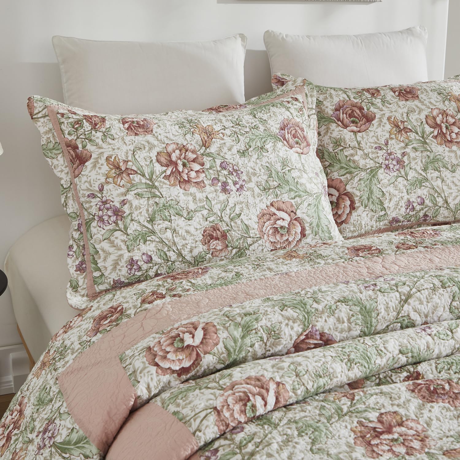 Juego de edredón de algodón Brandeam matrimonio floral rosa con 3 piezas para dormitorio