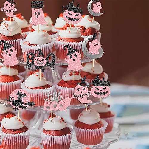 Miniatura 3 de Rsstarxi Paquete de 32 adornos para magdalenas de fantasmas Little Boo Pink Halloween Baby Showe Cupcake Toppers Calabaza Gato Bruja Fantasma Boo