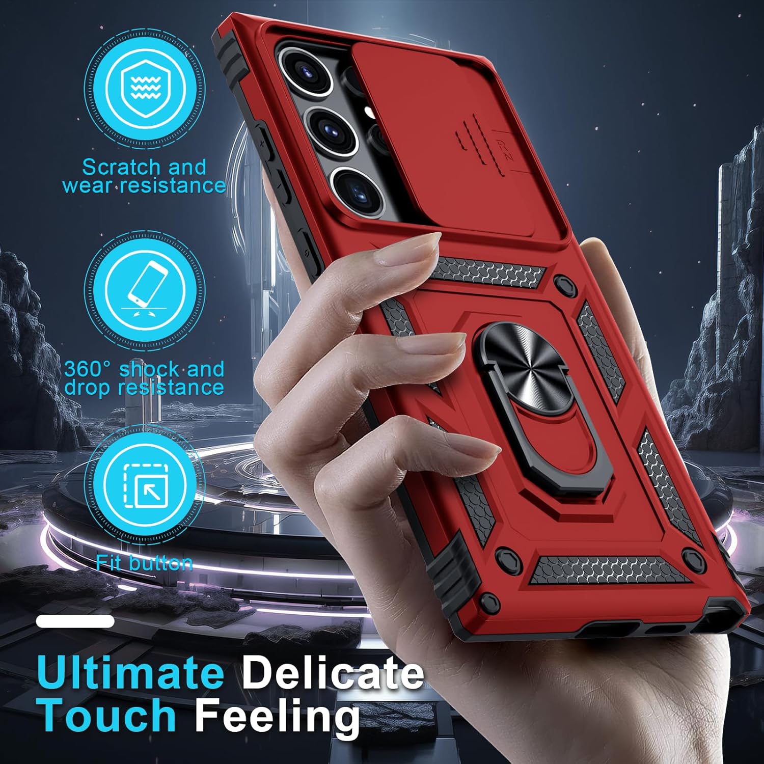Janmitta Compatible with Samsung Galaxy S25 Ultra Case Built in Slide Camera Lens Cover+Screen Protector+Finger Ring Holder Kickstand,Heavy Duty Shockproof Full Body Phone Cover,2025 Red - Image 6
