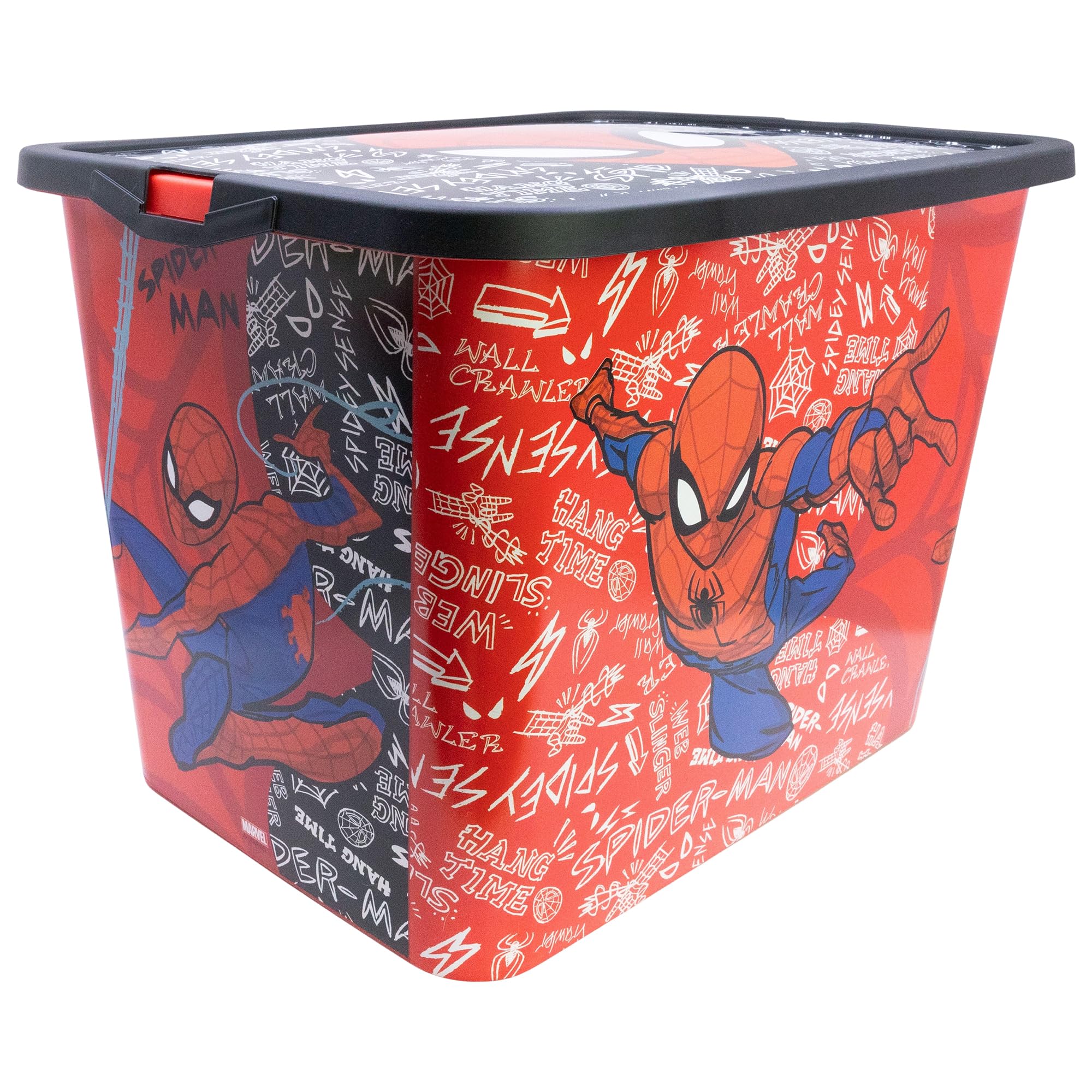 Stor Red Spiderman 23 Litre Storage Box - Durable Plastic Organiser With Secure Lid - Perfect For Toys, Clothes, And Bedroom Storage