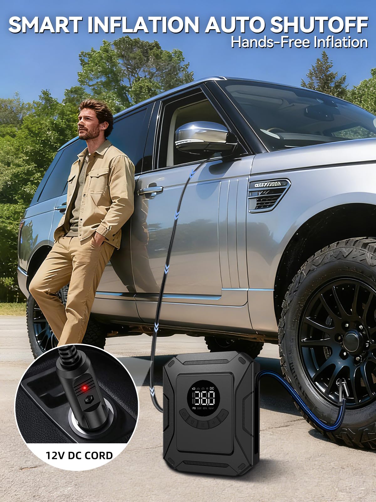 Compresor de aire portátil de inflado rápido, bomba de aire eléctrica de 150 PSI con apagado automático y visualización LED, bomba de aire de 12 V CC para coche, bicicleta, motocicleta