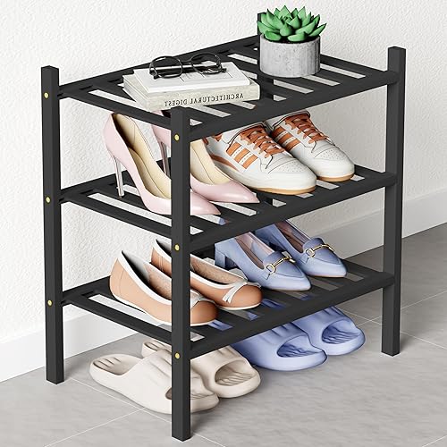 Miniatura 102 de Smiry Zapatero de bambú para clóset, organizador de zapatos apilable de 4 niveles largo de madera, estante de almacenamiento de zapatos Negro