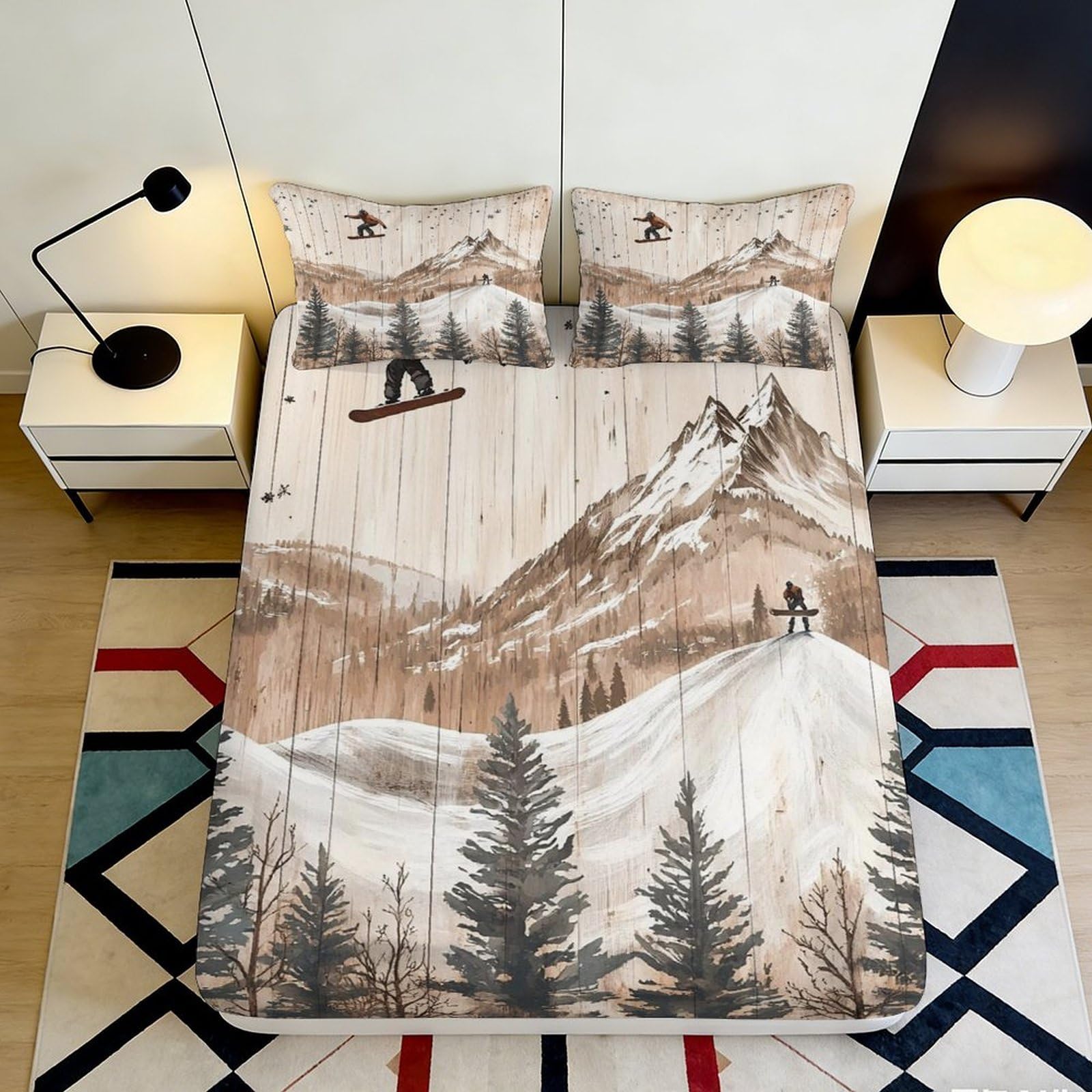3D Printed Snow Mountain Fitted Sheet Microfiber Soft Brown Forest Mattress Cover for Bedroom Guest Room Decor 90x200x25cm
