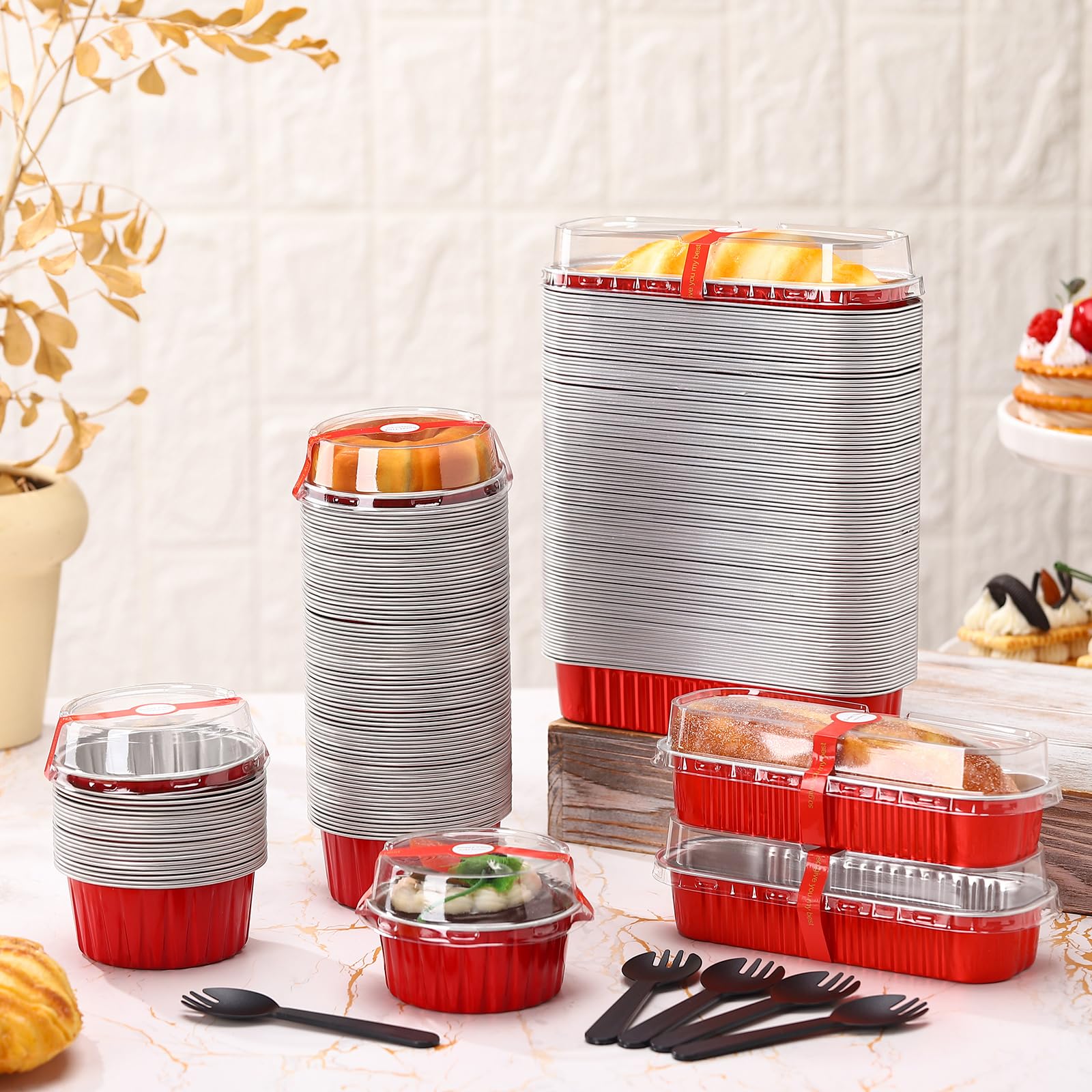 Suclain Mini-Kastenformen mit Deckel, 100 Stück, Aluminiumfolie, rechteckige Backformen, 100 Stück, 142 ml, Einweg-Backförmchen, Cupcake-Förmchen, 200 Stück, Versiegelungsaufkleber,
