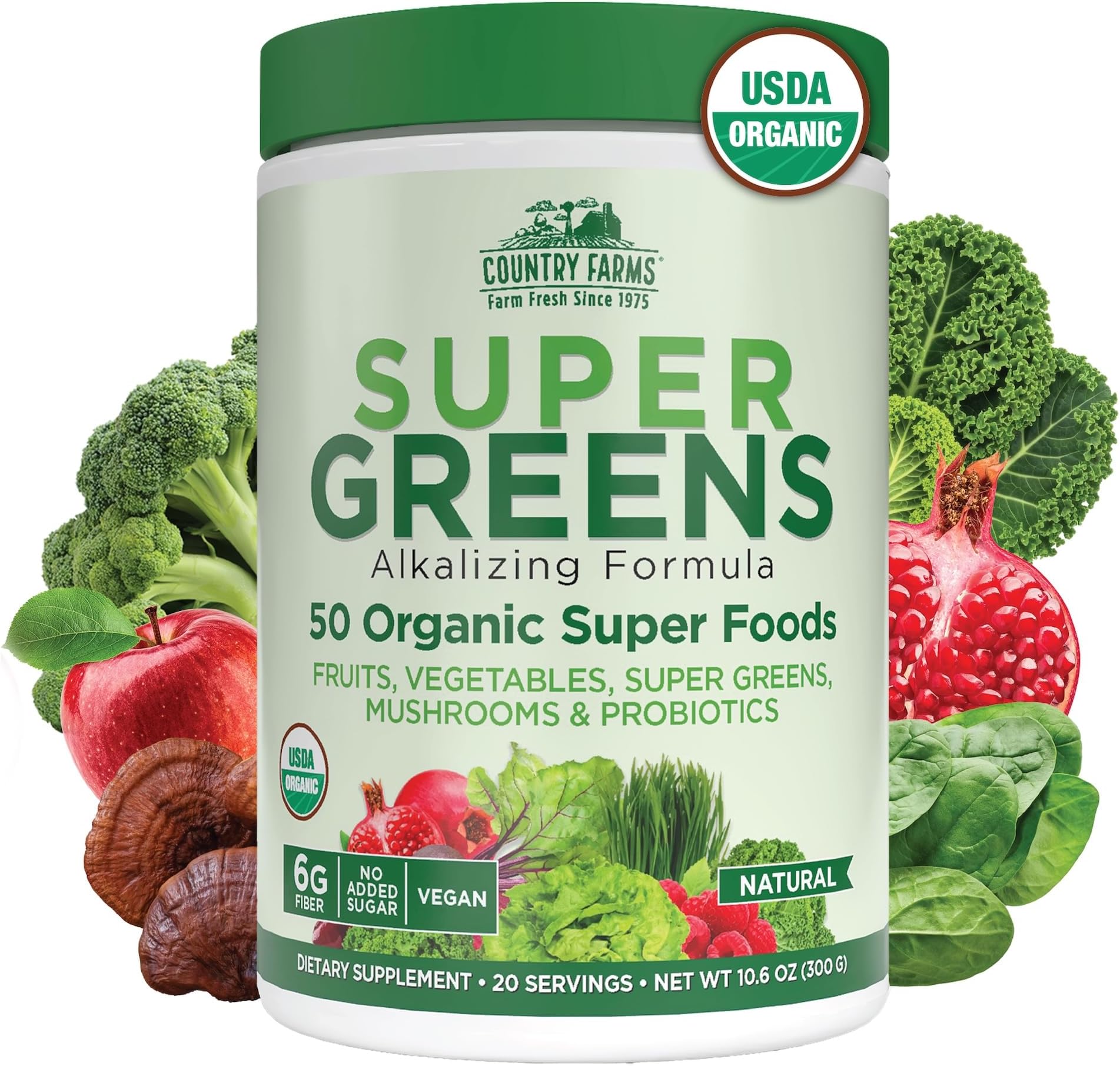 Country Farms Super Greens Natural Flavor, 50 Organic Super Foods, USDA Organic Drink Mix, Fruits, Vegetables, Super Greens, Mushrooms & Probiotics, Supports Energy, 20 Servings, 10.6 Oz