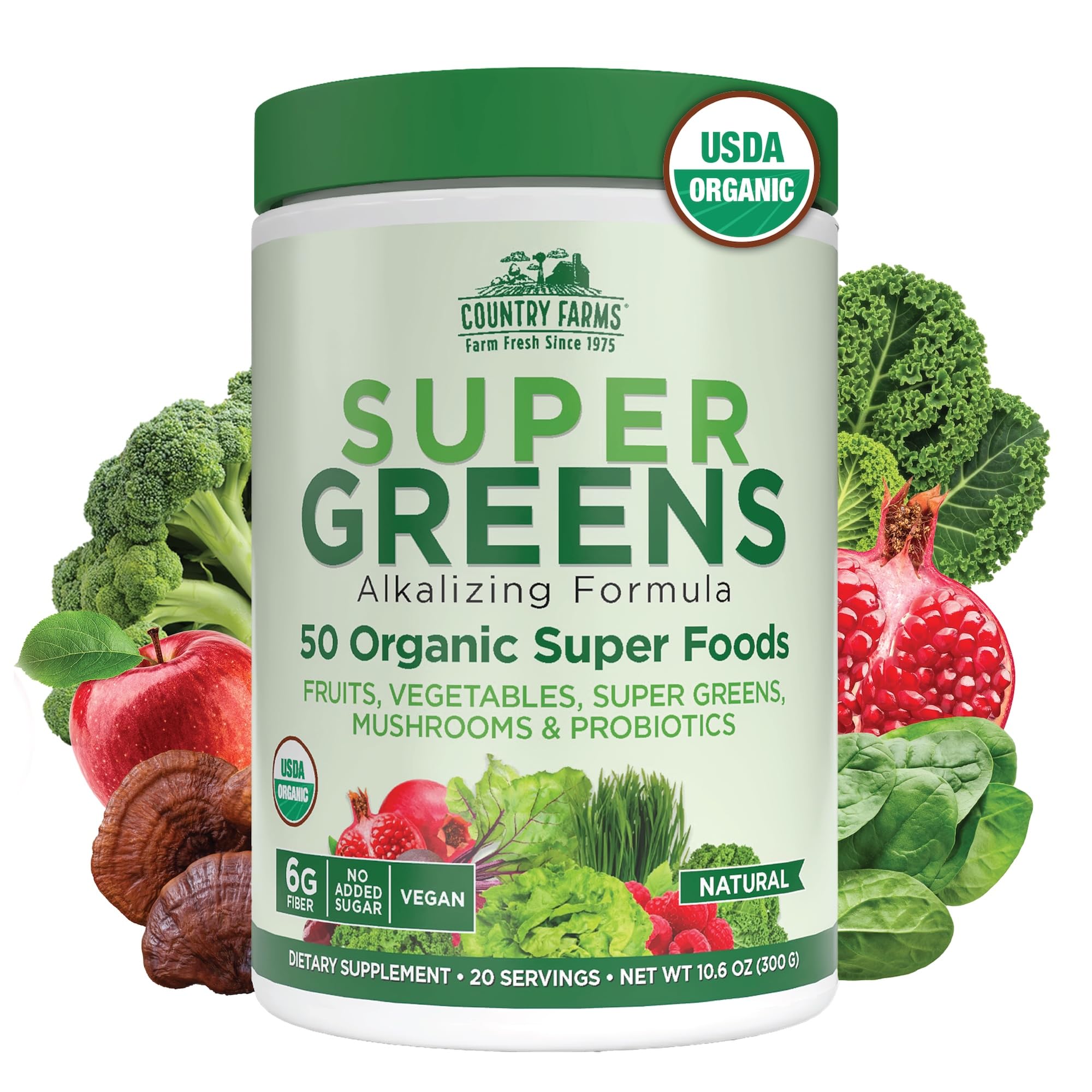 Country Farms Organic Super Greens Natural Flavor, 50 Organic Super Foods, Packed with Fiber, USDA Organic Drink Mix, Fruits, Vegetables, Mushrooms & Probiotics, Supports Energy, 6g Fiber