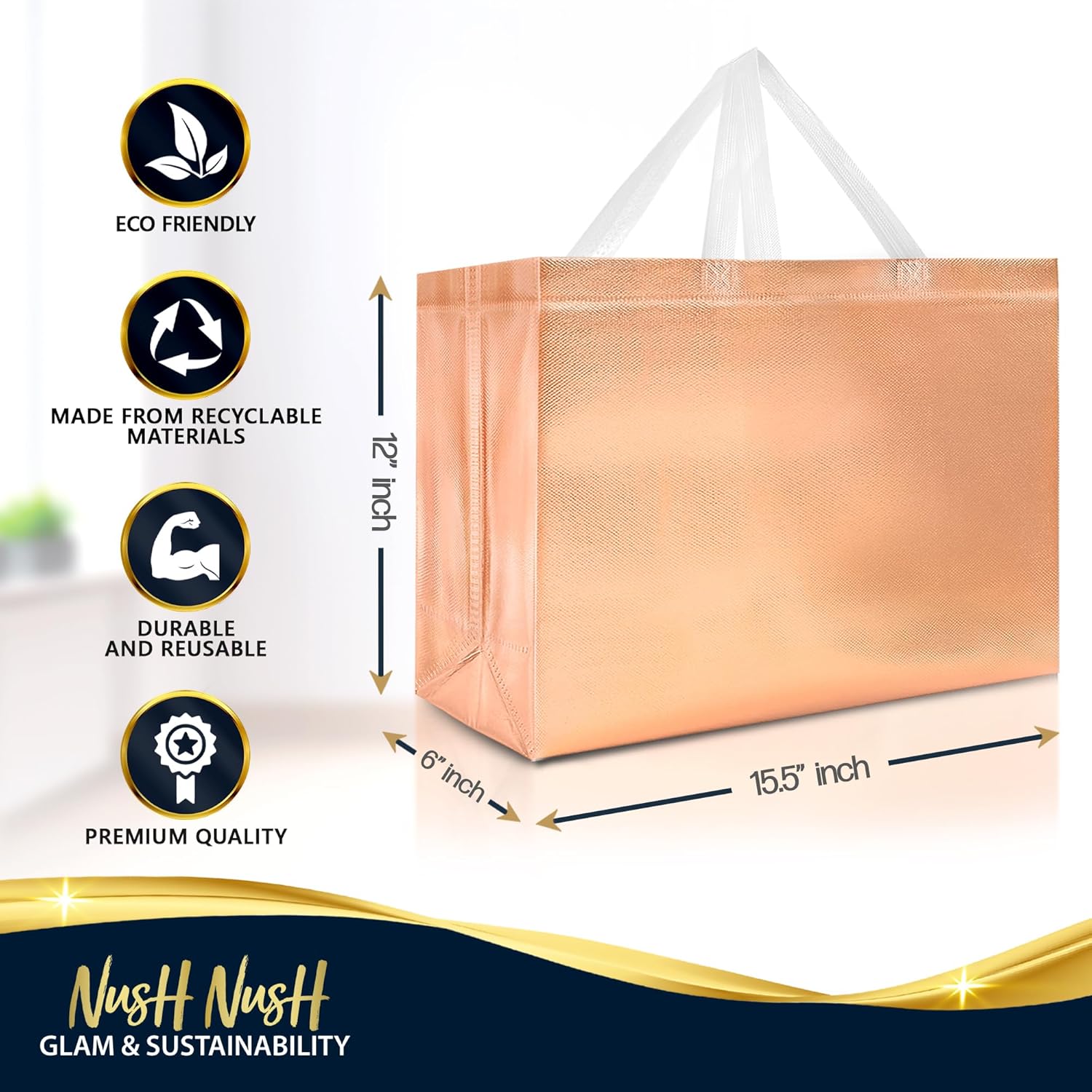 Nush Nush Set of 12 Rose Gold Gift Bags Extra Large - Rose Gold Reusable XL Gift Bags with Handles - Perfect XL Goodie Bag for Bachelorette Party Favors, Bridesmaids, Wedding –15.5Wx6Dx12H - Image 5