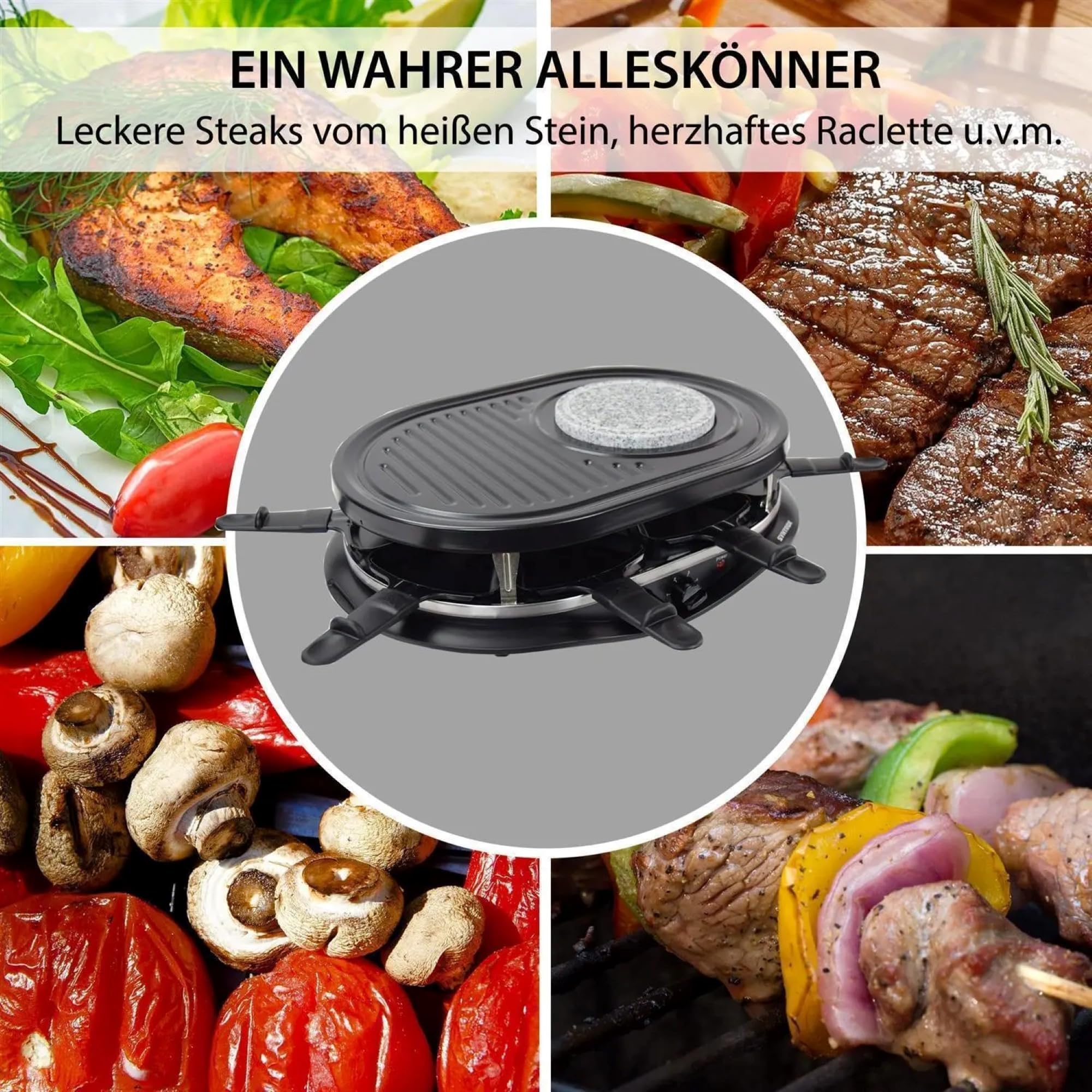 Syntrox Germany Raclette-Grill Locarno mit Fondue & Heißem Stein, 4-in-1 Raclette Set, Gesellige Abende, Kulinarische Vielfalt, Antihaftbeschichtung, Leichte Reinigung