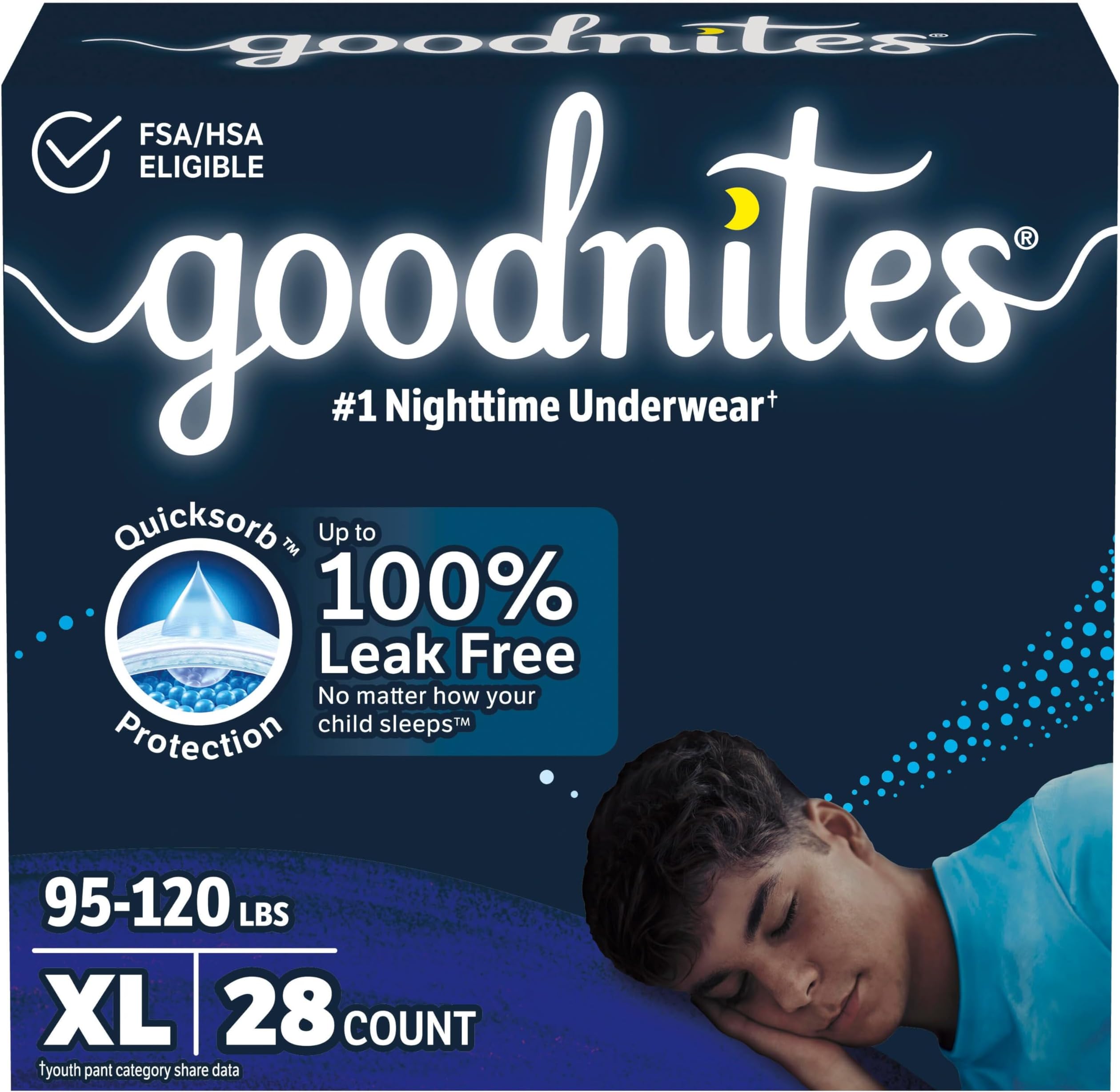 Goodnites Boys' Nighttime Bedwetting Underwear, Size Extra Large (95-120 lbs), 28 Ct (2 Packs of 14), Packaging May Vary