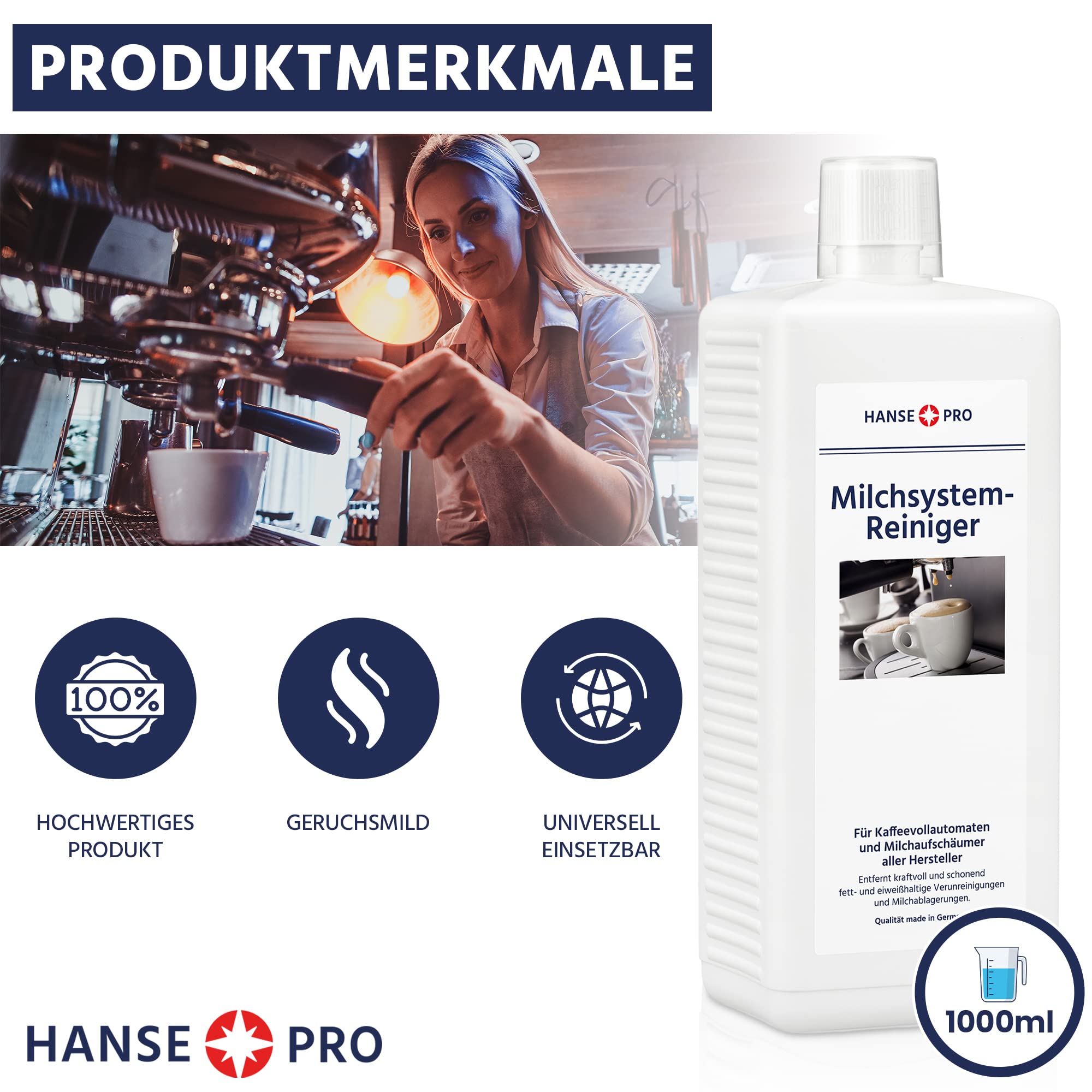 HANSE PRO Milchsystem-Reiniger, 1 x 1000 ml I Milch-Reiniger I Milchschaum-Reiniger I Reiniger für Milchaufschäumer, Kaffeevollautomaten Sahneautomaten I ideal für Jura Krups Philips uvm.