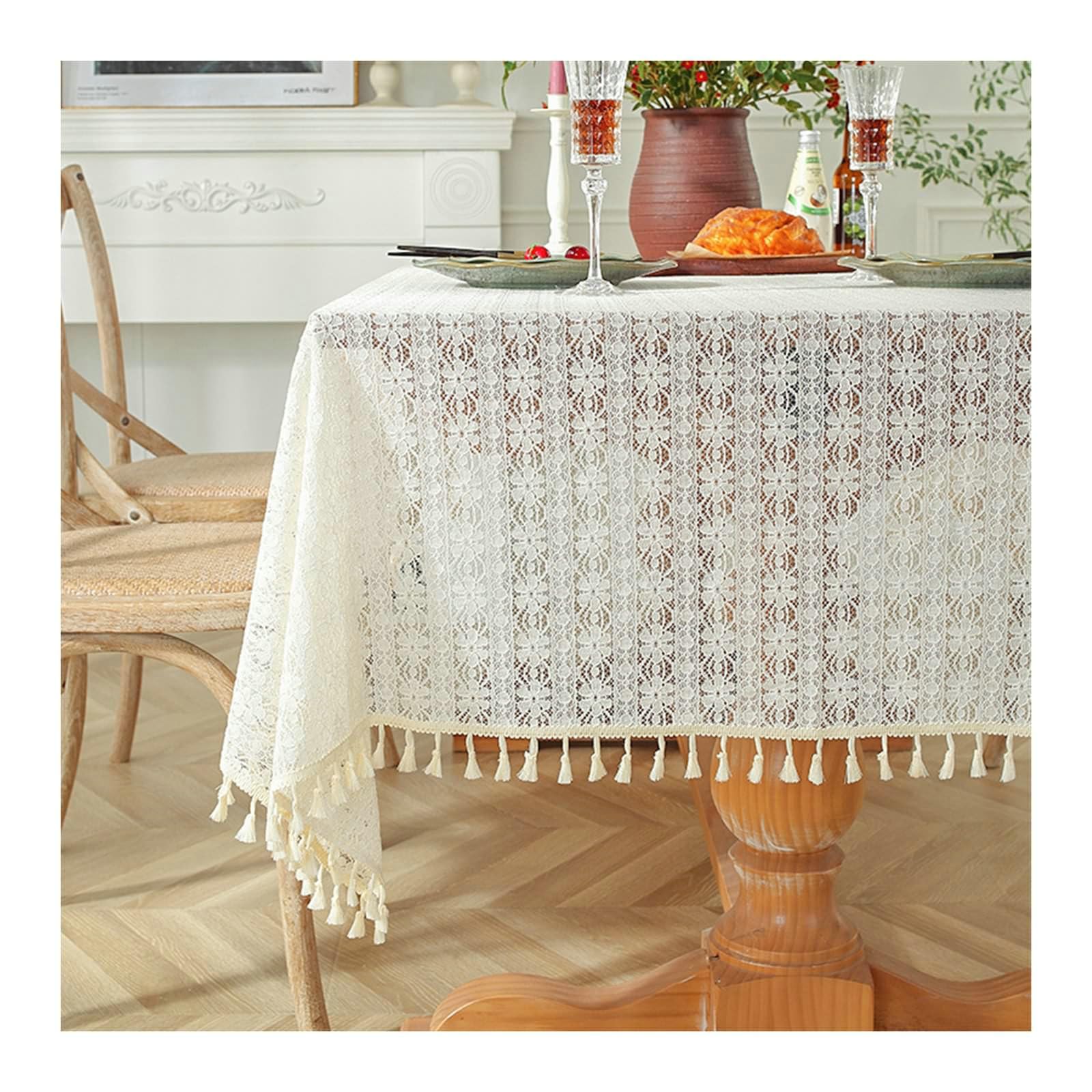 Gualiy Mantel Mesa Rectangular Tela, Poliéster Algodón Manteles de Mesa Comedor 150x260CM Manteles Mesa Antimanchas Encaje Hueco con Borlas Manteles para Mesa Comedor, Beige