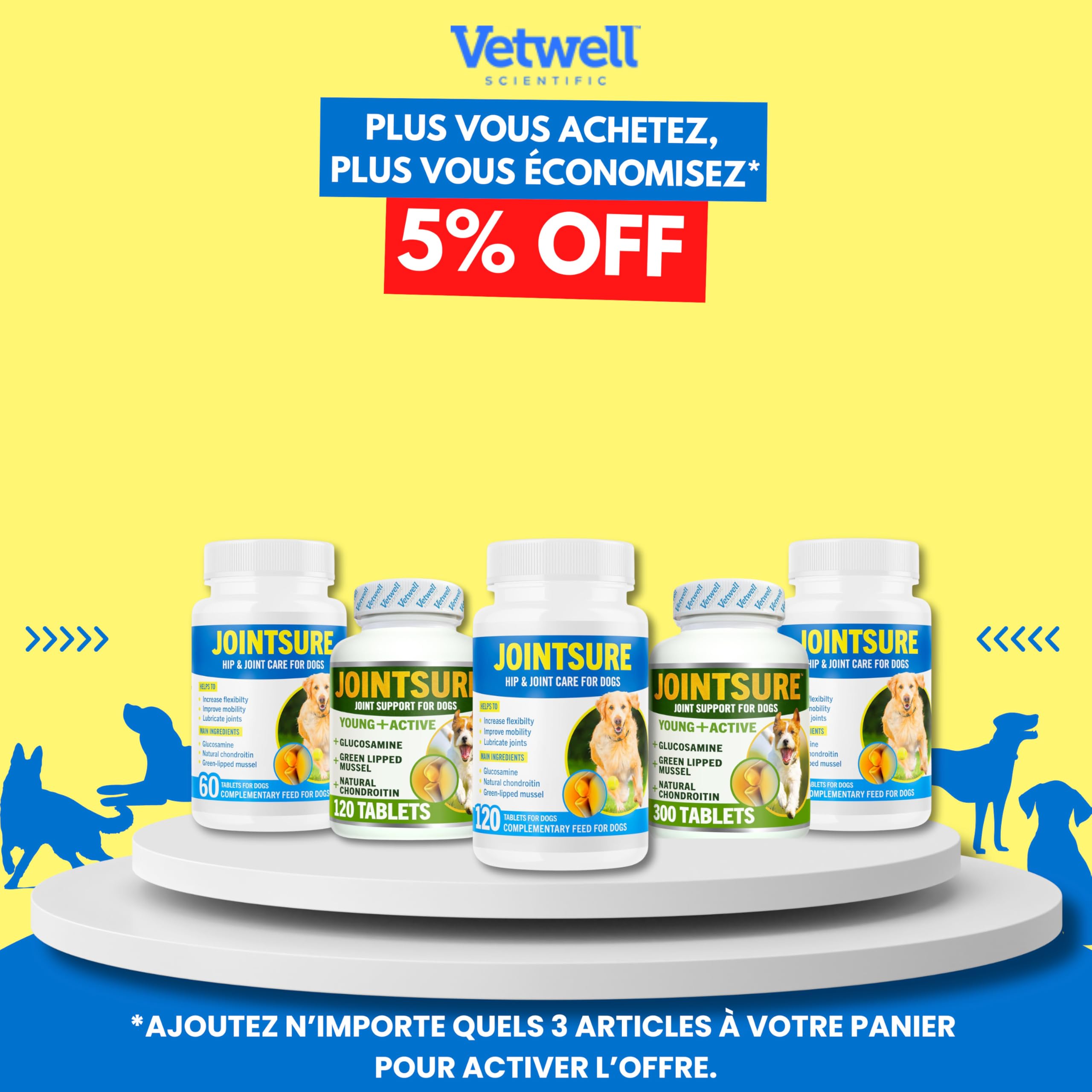 JOINTSURE Jeune & Actif Suppléments pour Les Articulations des Chiens et Chiots Aide à la Rigidité des Articulations 300 Comprimés - Hautes Teneurs en Glucosamine & Moule à Lèvres Vertes