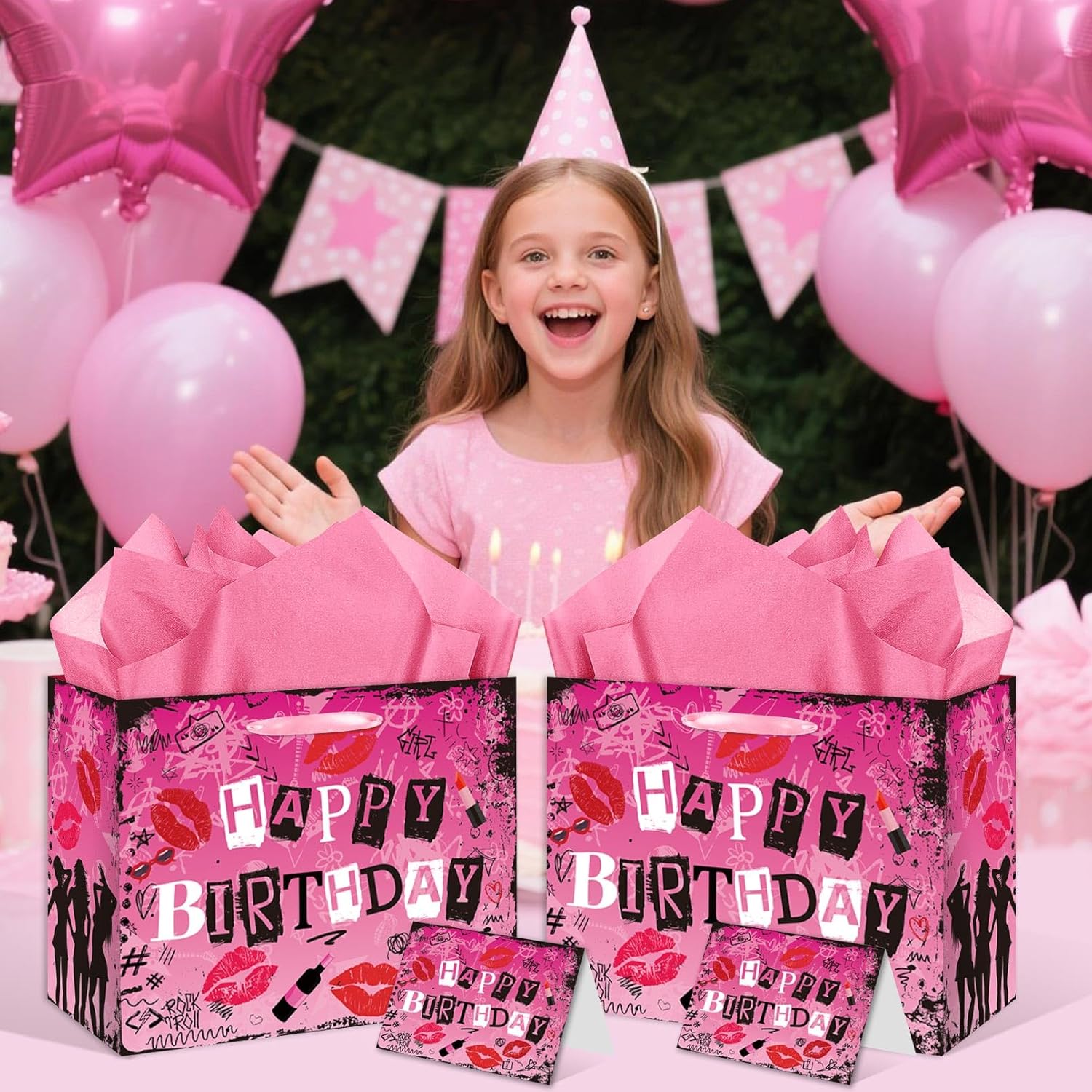 HSKMAKE Pink Happy Birthday Gift Bag for Girls, Large Glossy Gift Bags with Card and Tissue Paper, Birthday Gift Wrapping Paper Bags for Women, Girls, Bday Party Decorations Supplies - Image 6