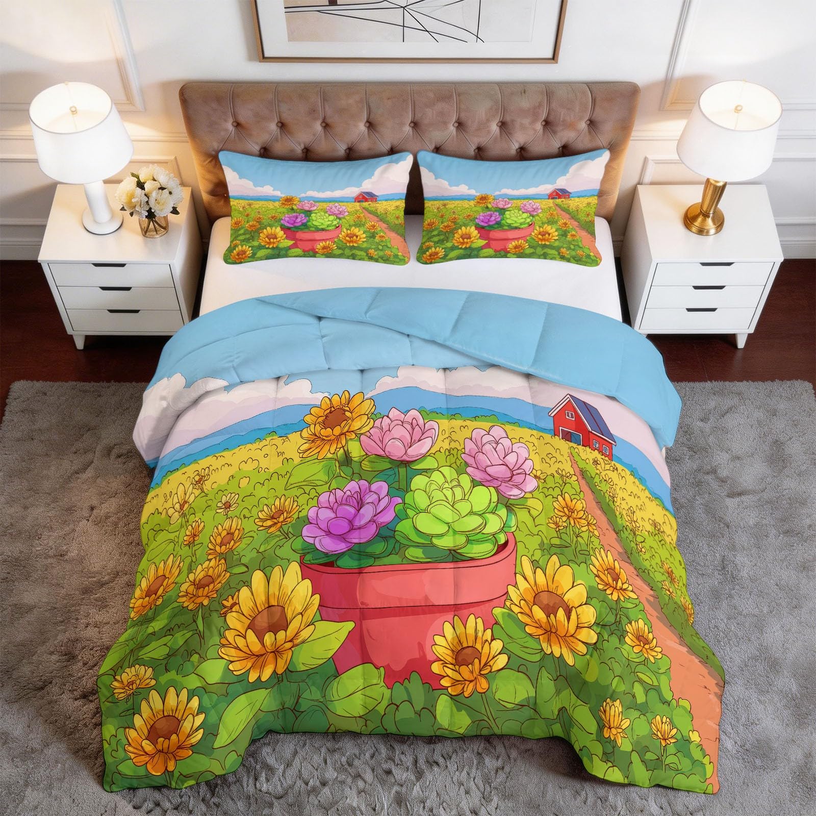 Generisch Sonnenblumenfeld Scheune Bettdecke 220 x 240 cm 4 Jahreszeiten Steppdecke, Cartoon Waschbare Ganzjahresdecke Kinder Bettwaren Set Kinderzimmer Schlafzimmer Bettdecke Ohne Bezug